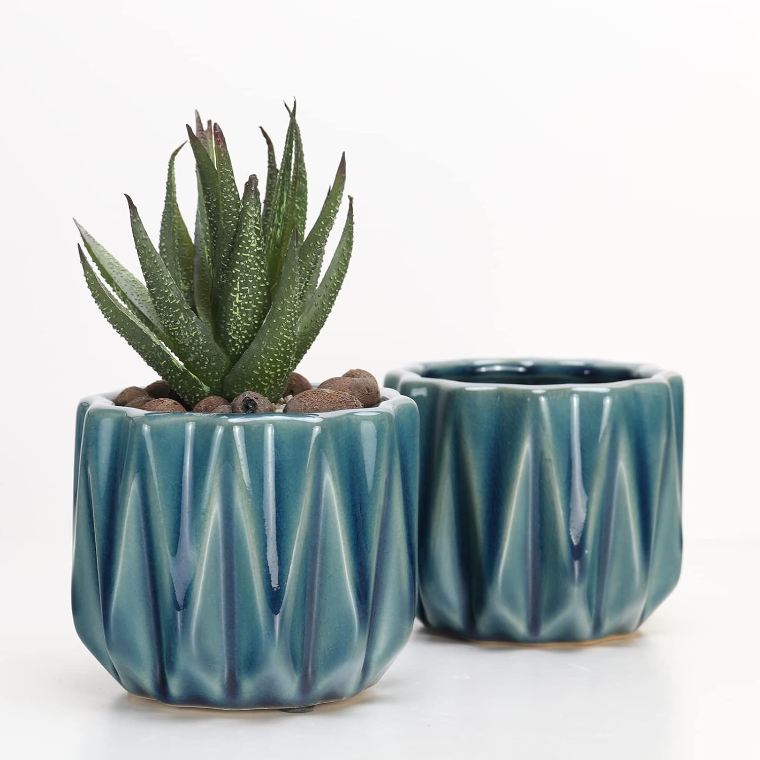 Plant Pot 4 Inch Ceramic Pots, Set of 2 Flower Pots Crackle Glaze Small Planters Pots with Drainage Hole and Mesh Pads for Indoor Outdoor Gardern Pots Succulent, Cactus, Herbs (Green)