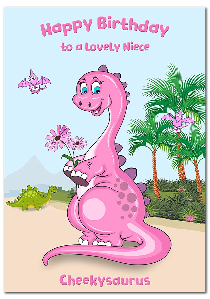 Extra Large Birthday Card for Niece - XL Big A4 thick size - 1 to 6 year old girl greeting - Cute Dinosaur Funny Cheekysaurus Pink Dino - Huge Happy Bday Wishes - UK Eco-Friendly