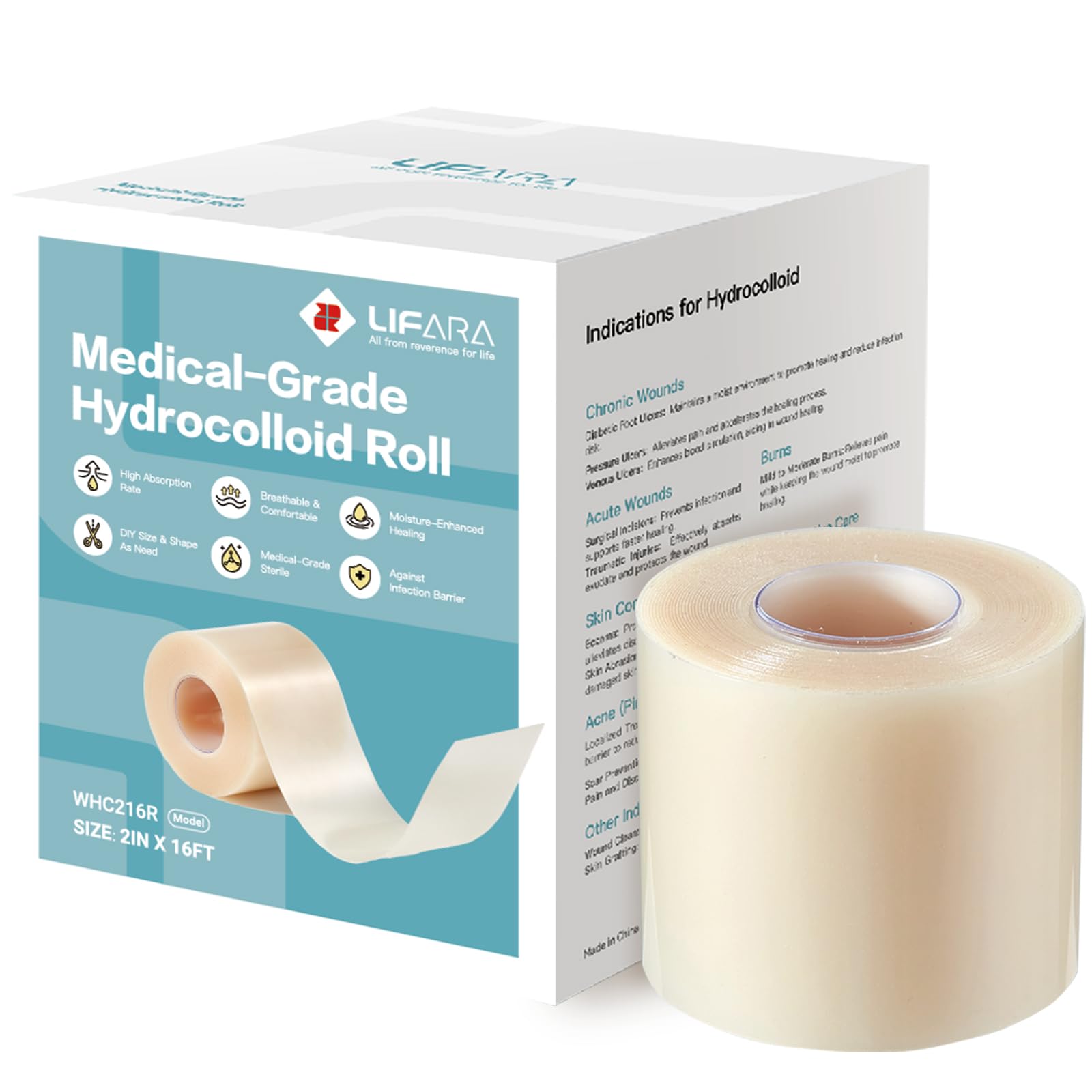Hydrocolloid Roll for Wound Care - Cut-to-Size, Extra Large Hydrocolloid Patch Bandages with Self-Adhesive, Ultra Absorbent, Flexible & Waterproof, First Aid Kit Essential (2in*16ft)