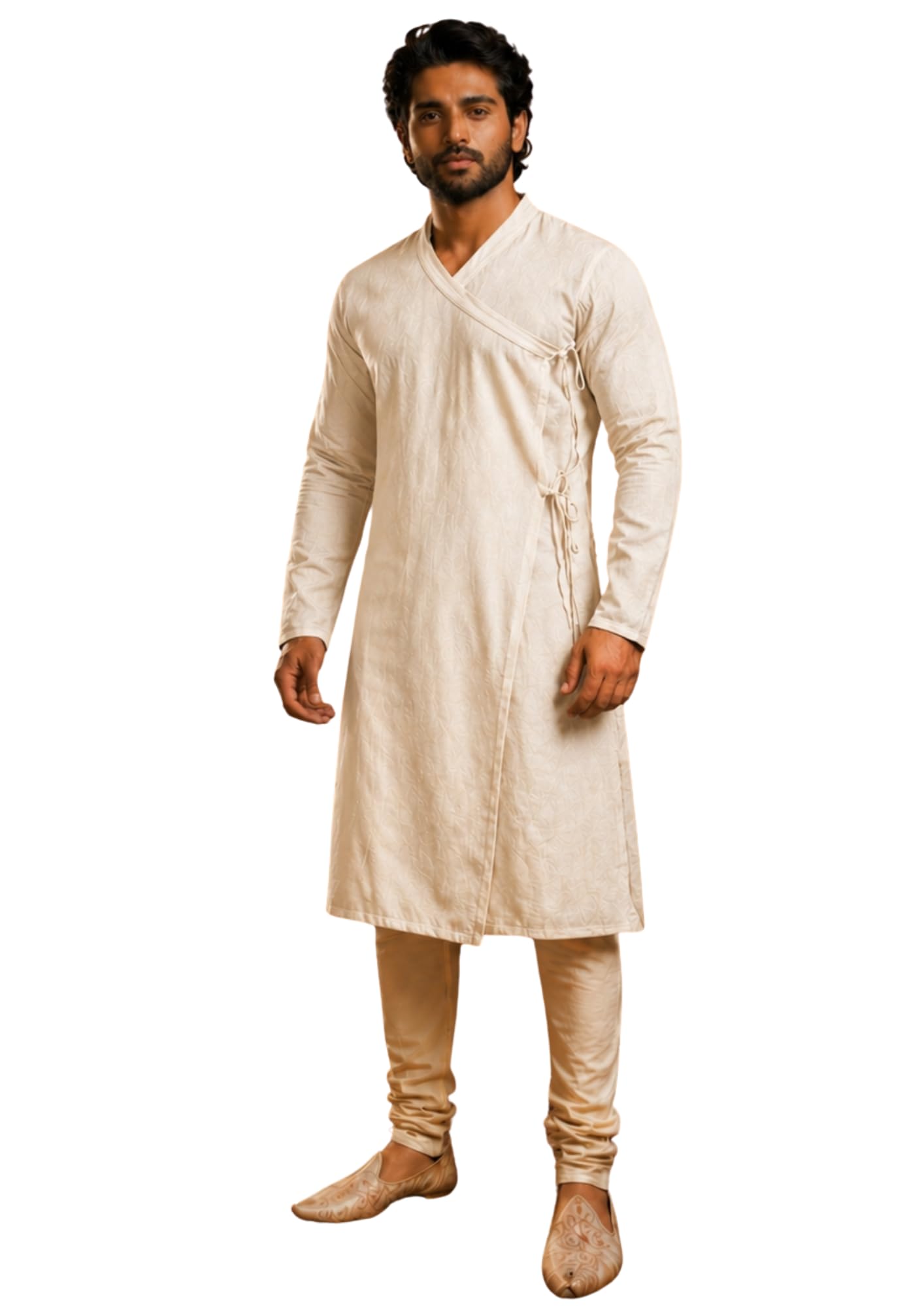 Men's Angrakha Kurta Set, Cotton Blend, Mustard, Wrap Style with Tie-Up, Full Sleeve, Festive-picture-50