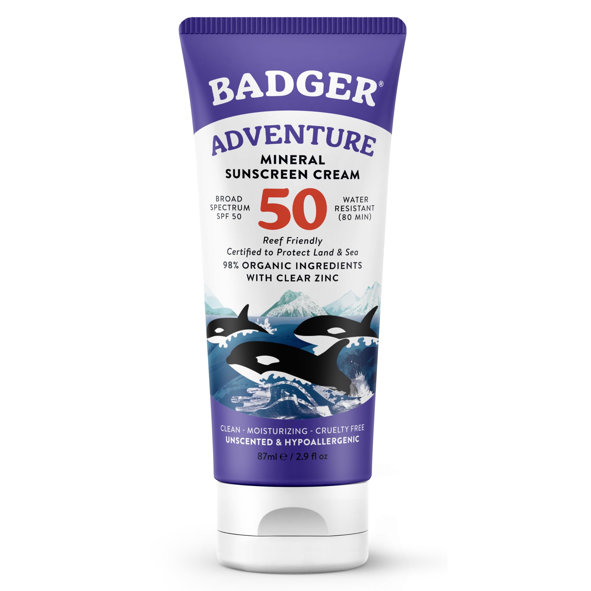 Badger Reef Safe Mineral Sunscreen, SPF 50, 98% Organic with Zinc Oxide, Non Toxic, Water Resistant, Unscented & Hypoallergenic, Broad - Spectrum, For Adventure & Sport, 2.9 fl oz 2.9 Fl Oz (Pack of 1) Tube