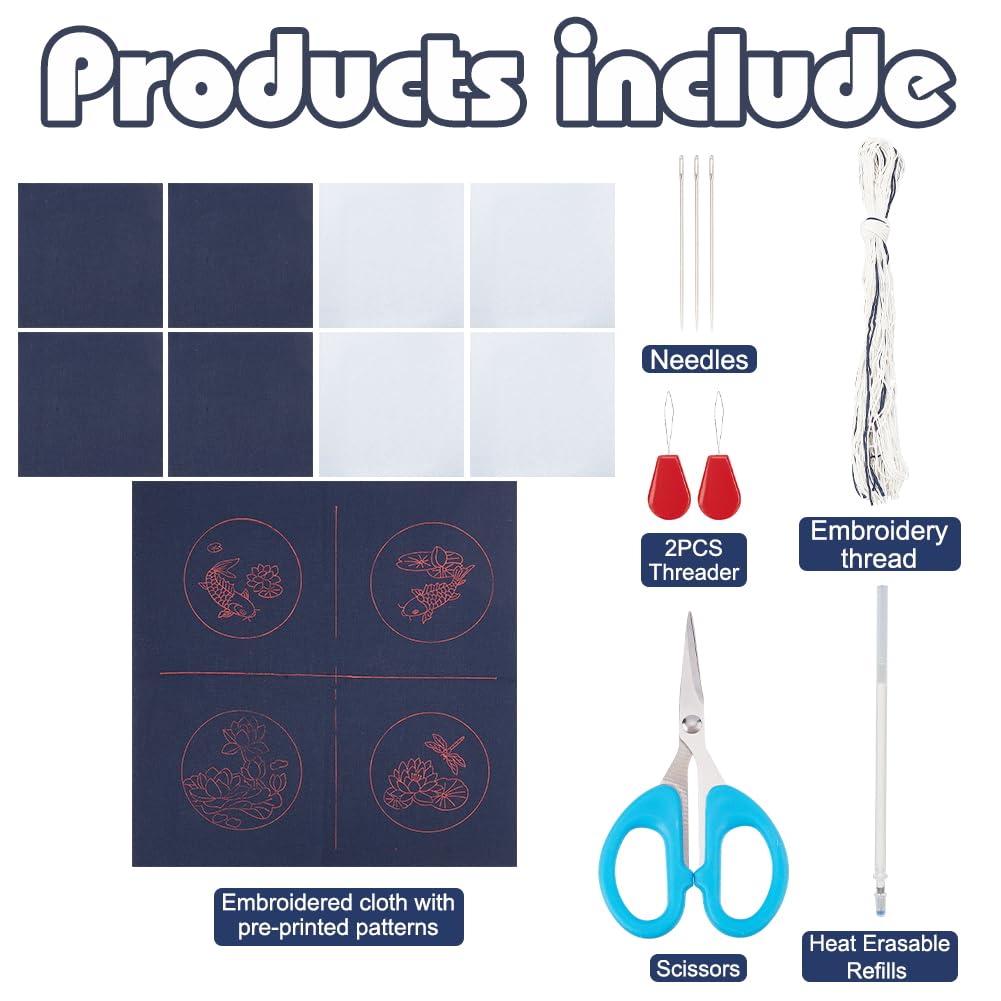 FREEBLOSS 4 Set Sashiko Onderzetters DIY Kit met Instructies Sashiko Kit voor Beginners Japanse Sashiko Borduurwerk Onderzetters voor Housewarming Gift Blauw Gekleurde Doek Kit