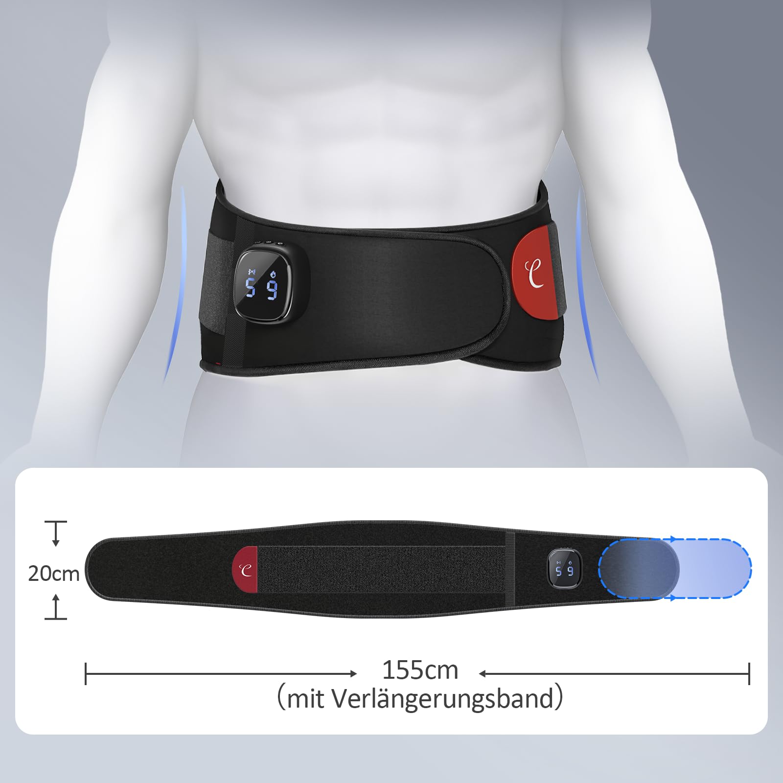 Comfytemp Wärmegürtel Rücken Massagegerät mit 15Wh Akku mit USB,9 Wärmestufen 5 Vibrationmoden Kontrolle per Knopfdruck und App, 20X155cm Kabellos Heizgürtel Abschaltautomatik Rückenwärmer