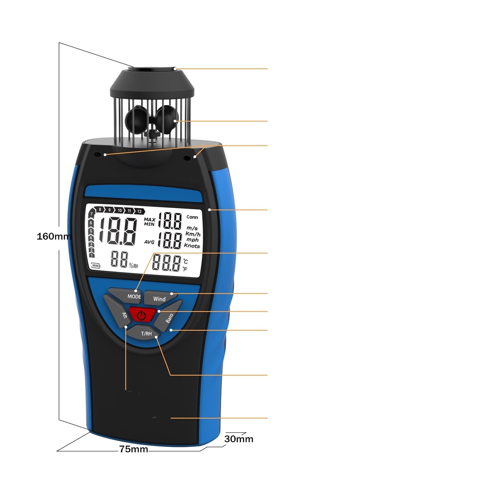 Anemómetro digital de 0,3~42 m/s, volumen de aire promedio de HVAC, altitud CFM, presión de aire, 8806-WM