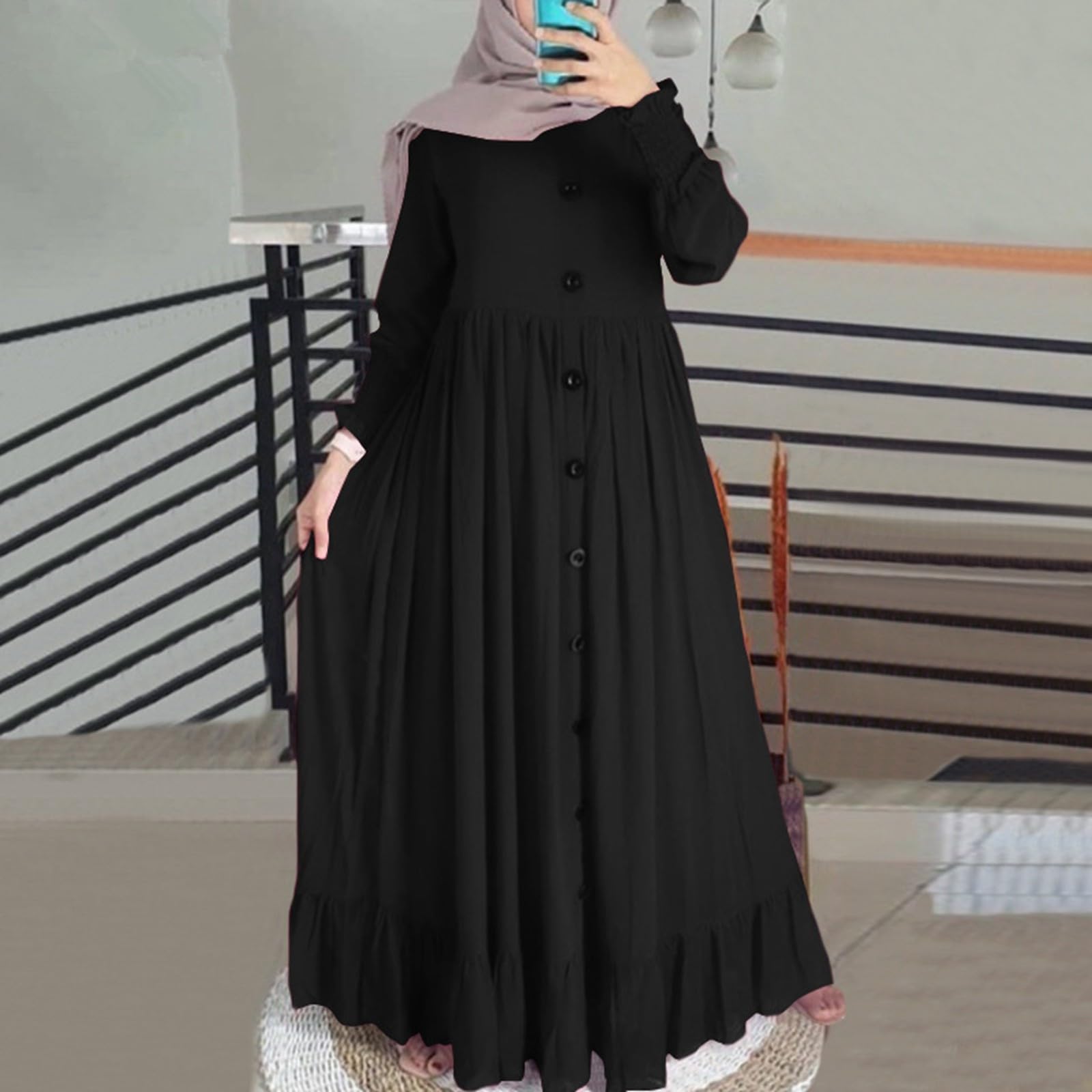 Elegante Vestido Informal de Talla Grande con Ajuste cómodo y Detalle Plisado de Cuello Redondo para otoño.