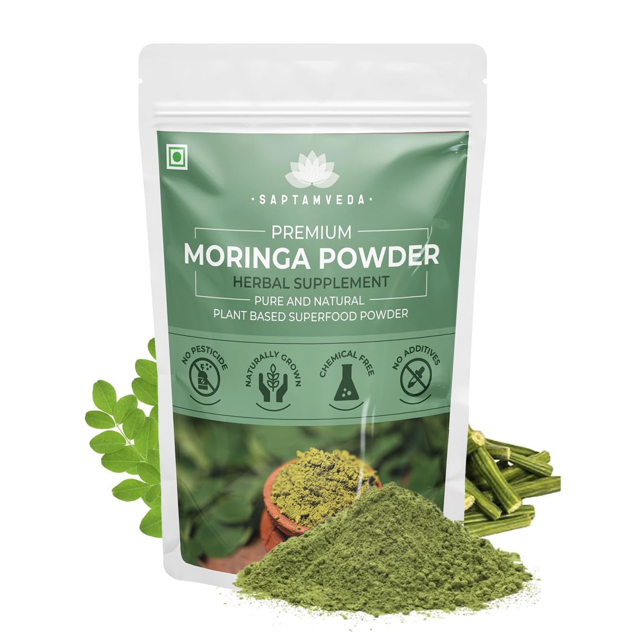 SAPTAMVEDAPremium Moringa Leaf Powder 8.81 Oz/250 Gm | Drumstick Leaf Powder | Natural Multi-Vitamin | Rich in Anti-Oxidant, Immunity Booster | Good for Hair & Skin from India Farms