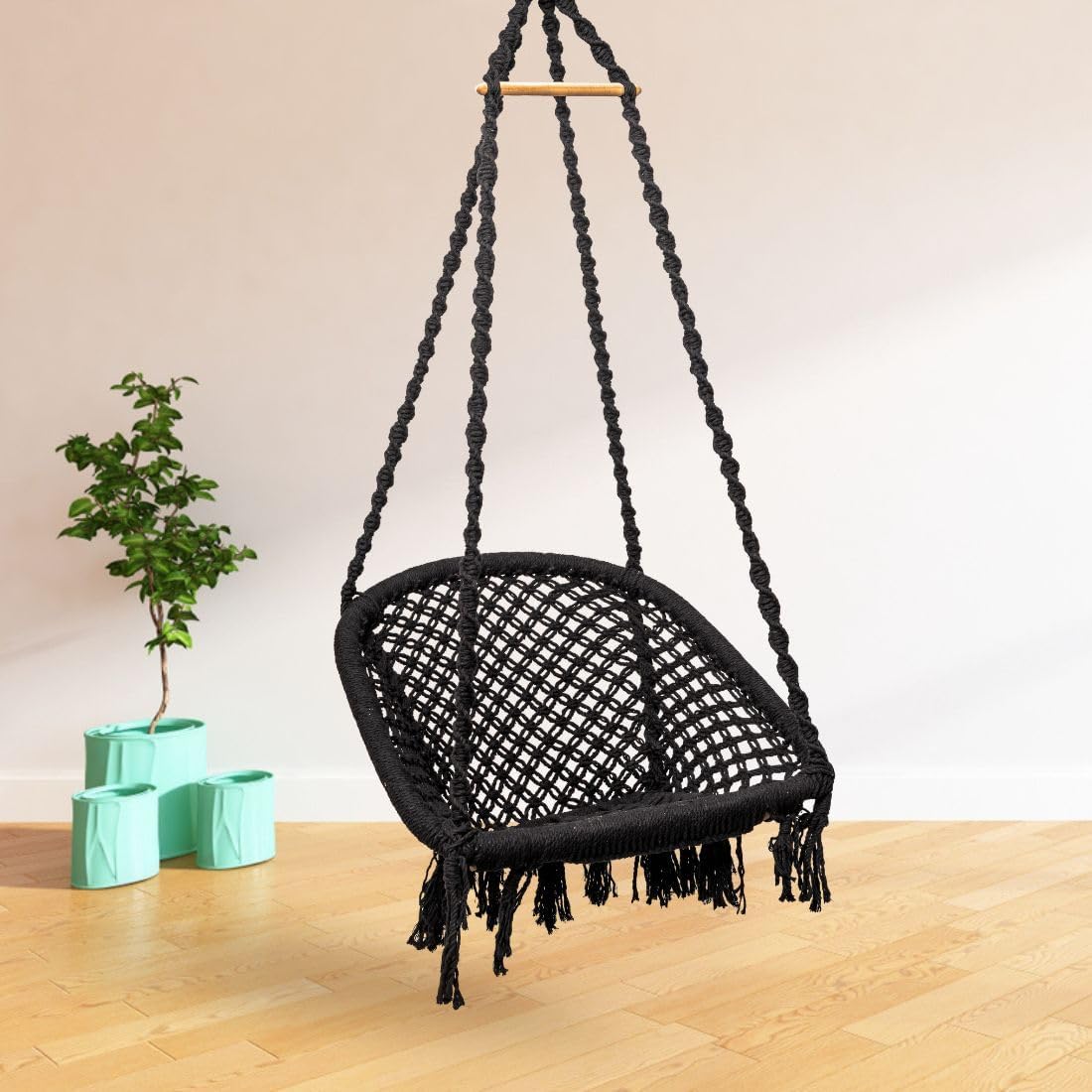Curio Centre Make in India Premium D-Shape Swing with Cotton Ropes & Sturdy Frame for Adults & Kids/Indoor Outdoor Hanging Swing Chair Without Accessories (Black, 61 x 64 x 152 cm)-image-33