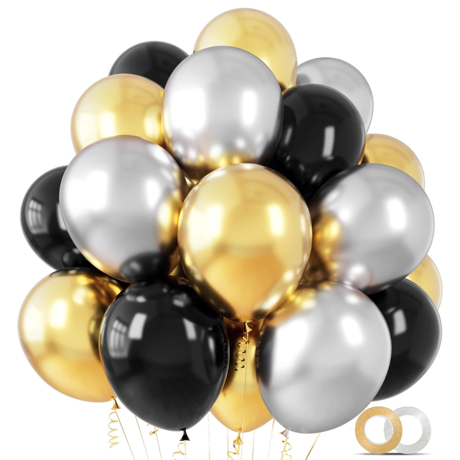 100Pcs Black Gold and Silver Balloons Set 12 Inches Black Metallic Chrome Gold Silver Balloons for Birthday Wedding New Year's Eve Graduation Party Decoration