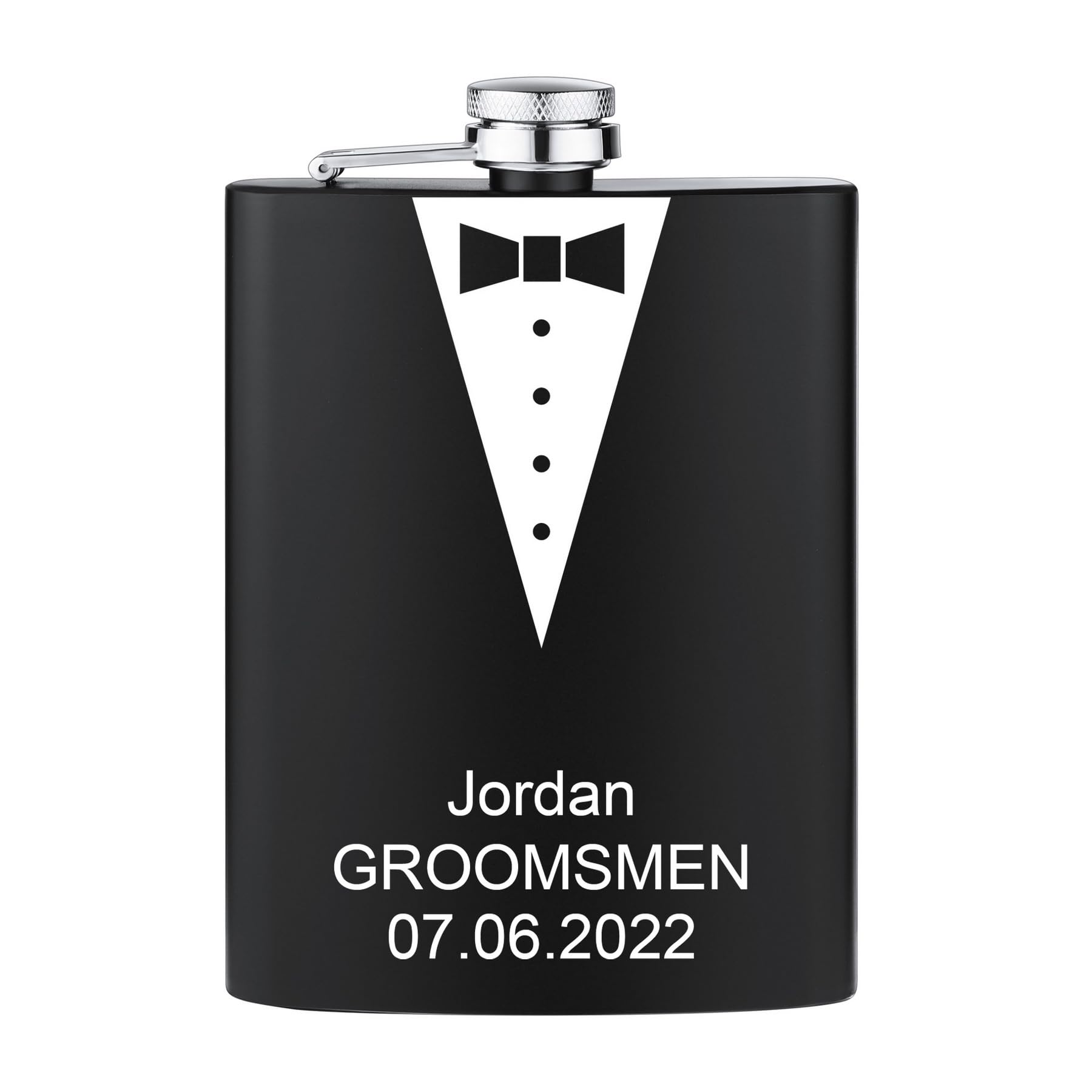 MeMeDIY Petaca Personalizado Regalos de Padrino de Boda para Boda Nombre Grabado Texto Símbolo/Imagen Caja de Regalo Opcional Petaca Personalizado de Acero Inoxidable de 6 a 8 Onzas Negro B - 1 Set