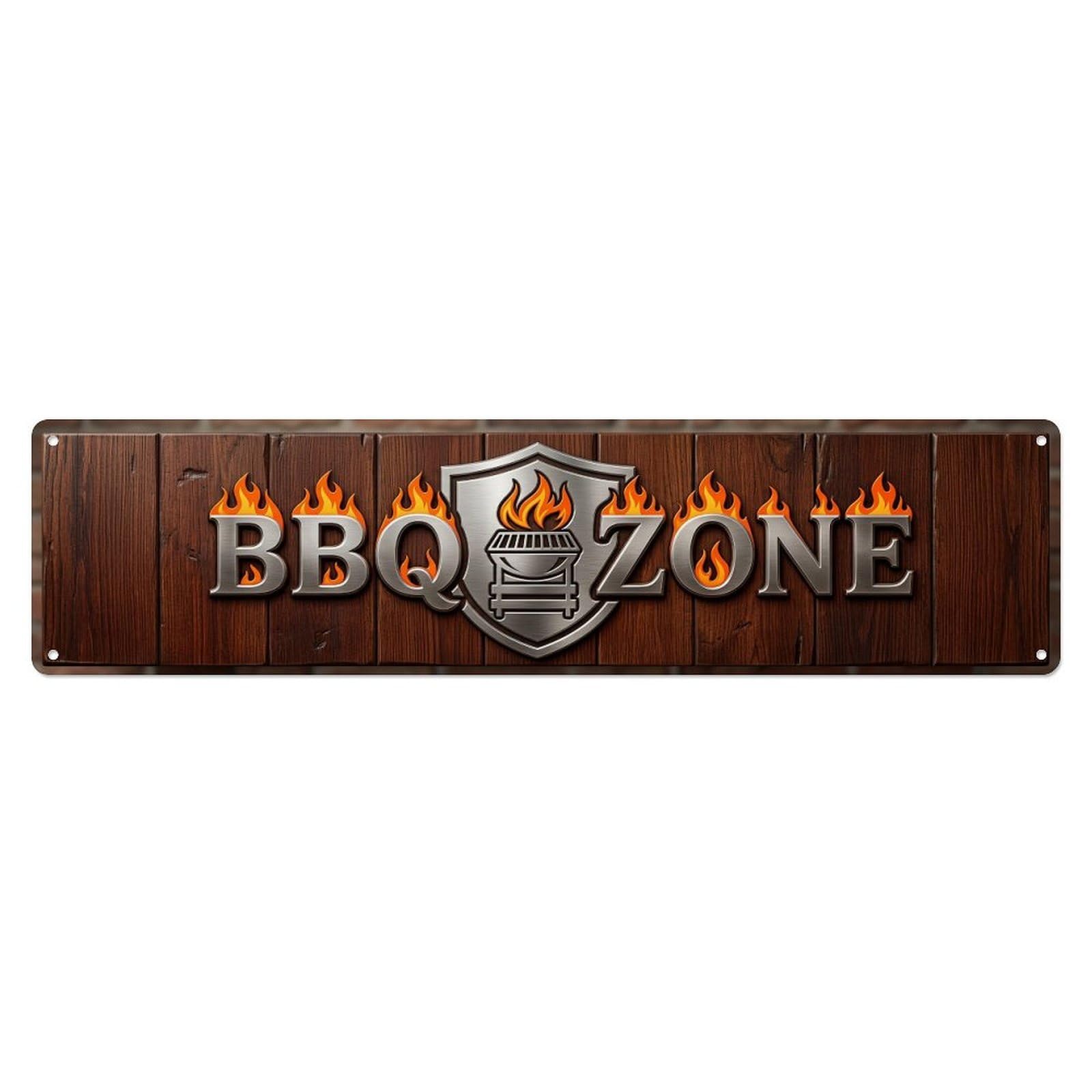 BBQ Zone Flame Badge 1 Metal Tin Skinny Sign Plaque Wall Decor for Cafe, Club Bar, Office, Home Garden Metal Poster 4x16Inch