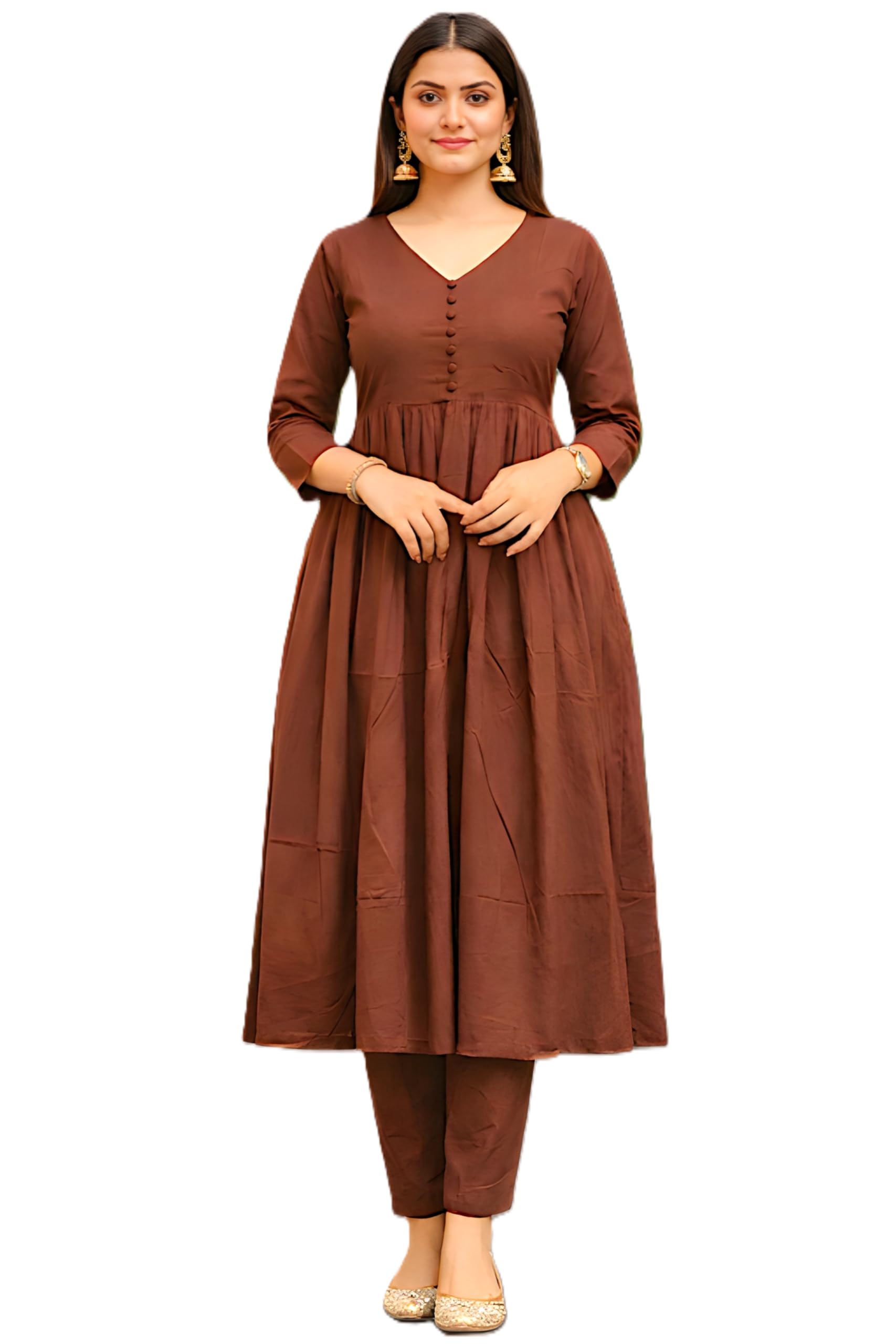 angavastram Women's Cotton Blend V-Neck, Button Front, Three-Quarter Sleeves, Anarkali Shape, Empire Waist, Pleated Design Kurta with Pant-picture-32