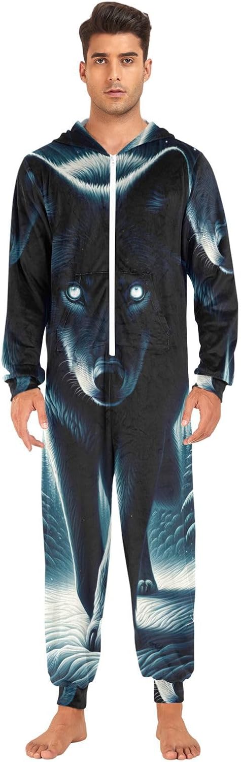 GAIREG Winter Wolf Forest Dark Winter Onesie for Women Men, Adult Womens Christmas Onesie Pajamas