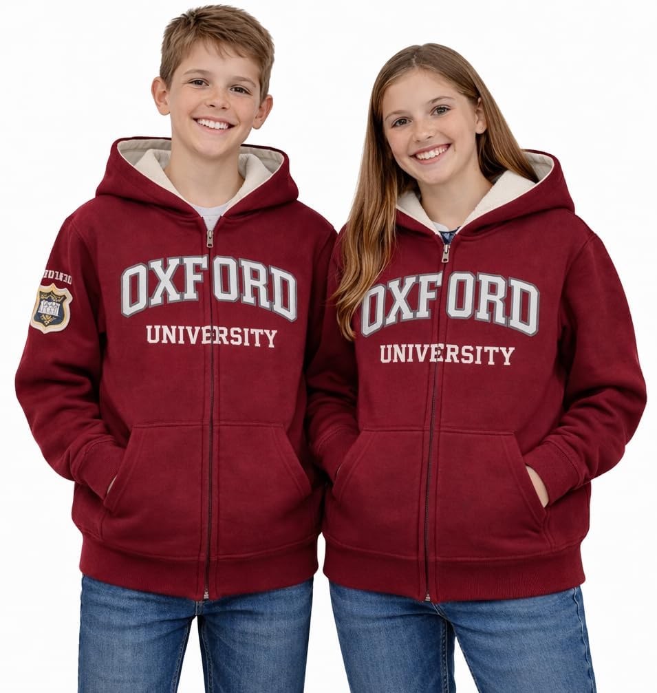 Oxford University OU129 - Sudadera con capucha y cremallera para niños, color granate Rojo rojo (Maroon) 9-10 Años