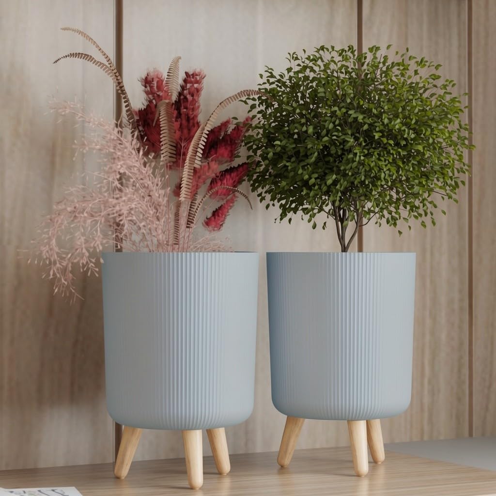 Modern Flower Pots with Wooden Legs - Beige Set of 2 -14