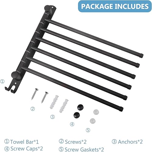 Miniatura 6 de Toallero giratorio JSVER montado en la pared, barra de toalla de acero inoxidable, ahorro de espacio de 6 brazos, toallero para baño (negro)