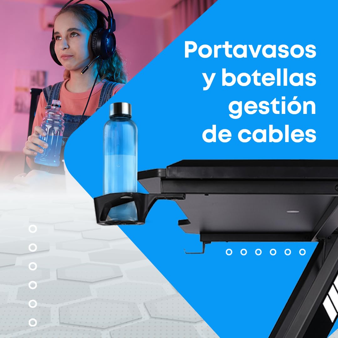 NK Mesa Escritorio Gaming con LED (120x60cm) - Portavasos y Botellas, Soporte Auriculares/Cascos, Gestión de Cables, Gaming Desk, Tabla 1.5cm (Resistencia) Peso Máximo 100kg (Blanco)