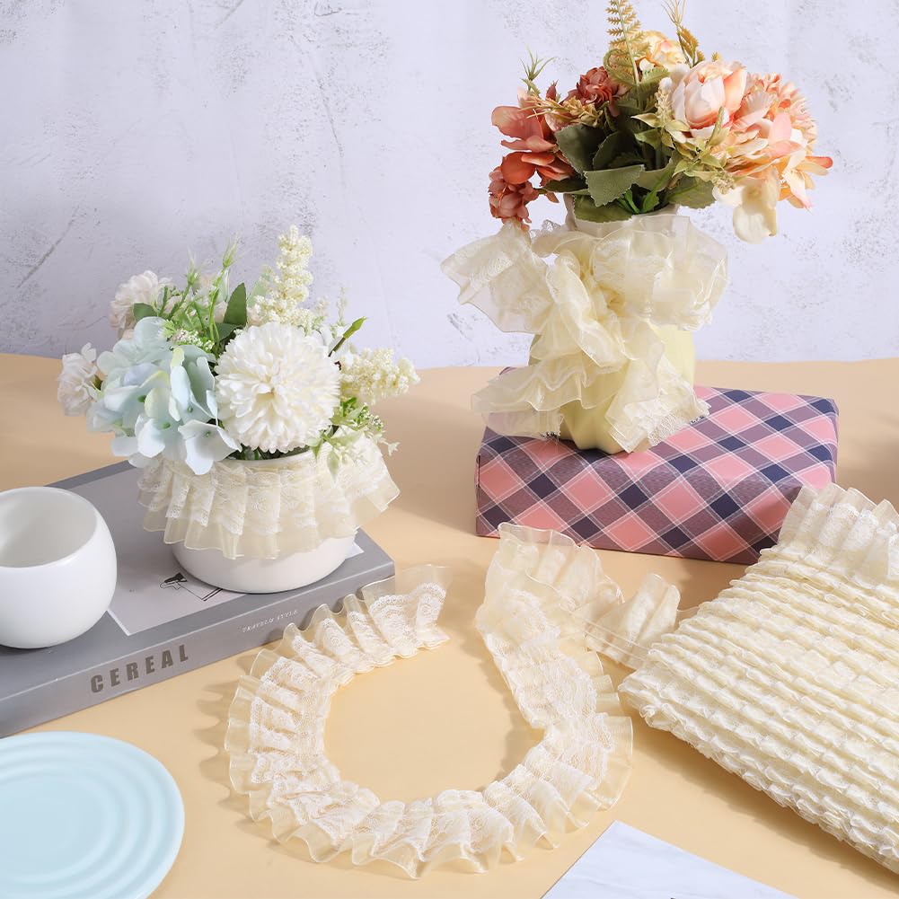 GORGECRAFT 10 Yards 2 Layer Chiffon Lace Edge Trim 5cm Wide Pleated Gathered Voile Mesh Organza Tulle Fabric Ruffles Lace Edging Trimmings Ribbon for Sewing Craft Wedding Dress Party Decor Beige - Image 4