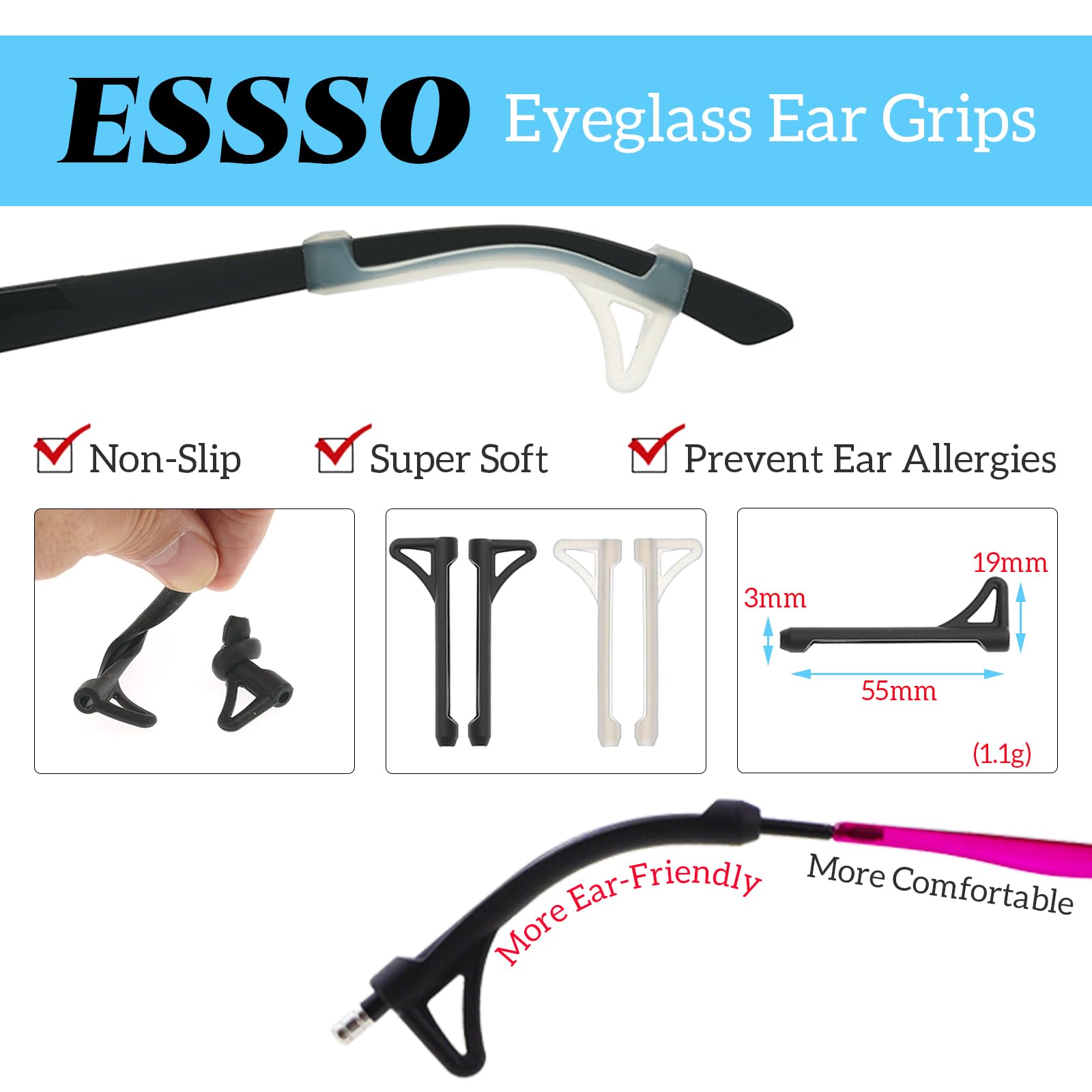 ESSSO Glasses Ear Grip – 16 Pairs of Anti-Slip Eyeglass Ear Grips in 7 Styles Silicone Glasses Ear Cushion for Sports, Study & Work, Prevent Slipping with Eye Glasses Ear Grippers