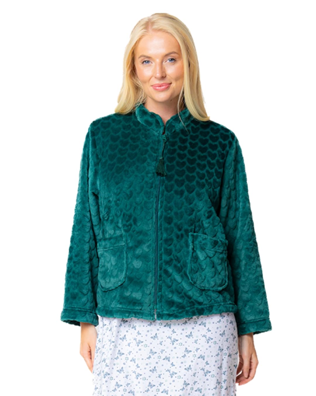 Suzy & Me Ladies Heart Embossed Zip Up Bedjacket (UK, Numeric, 12, 14, Regular, Regular, FOREST)