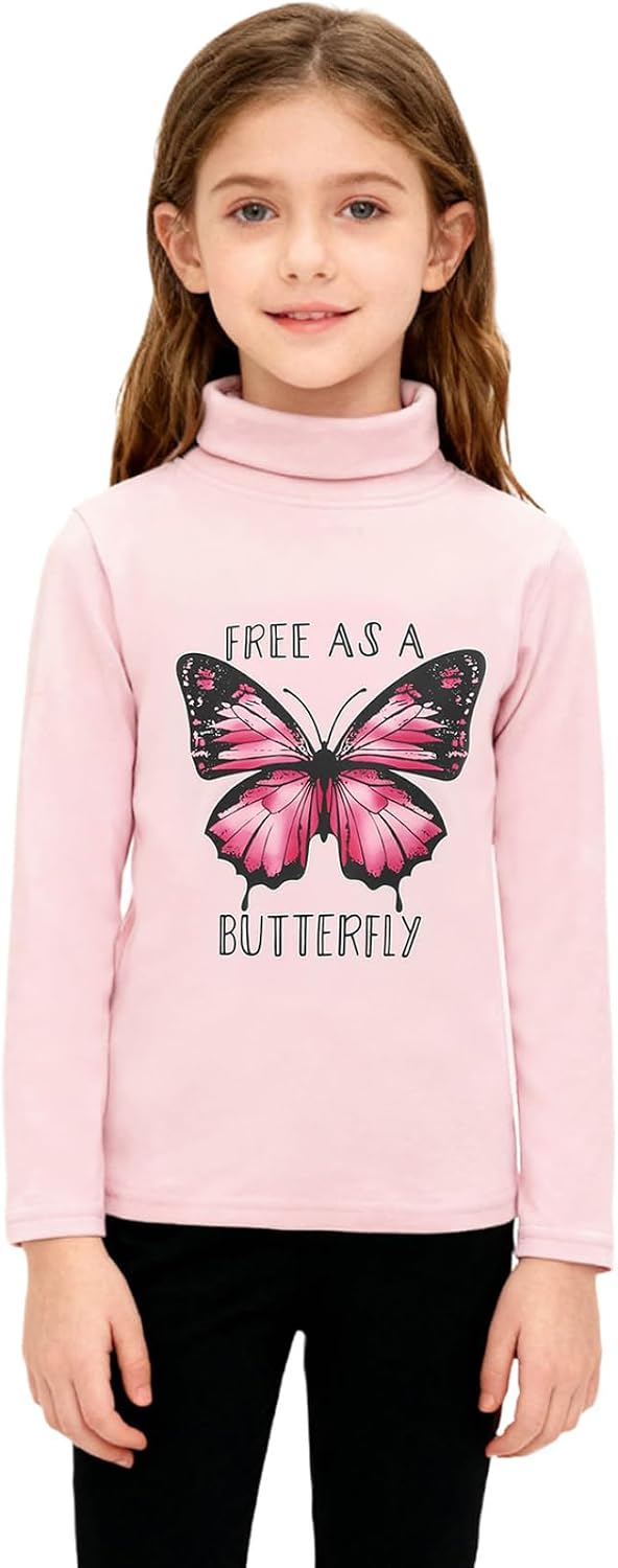 Kids Butterfly Print Pullover Shirts Turtleneck Long Sleeve Thermal Shirt Girls Base Layer Top for Daily Wear