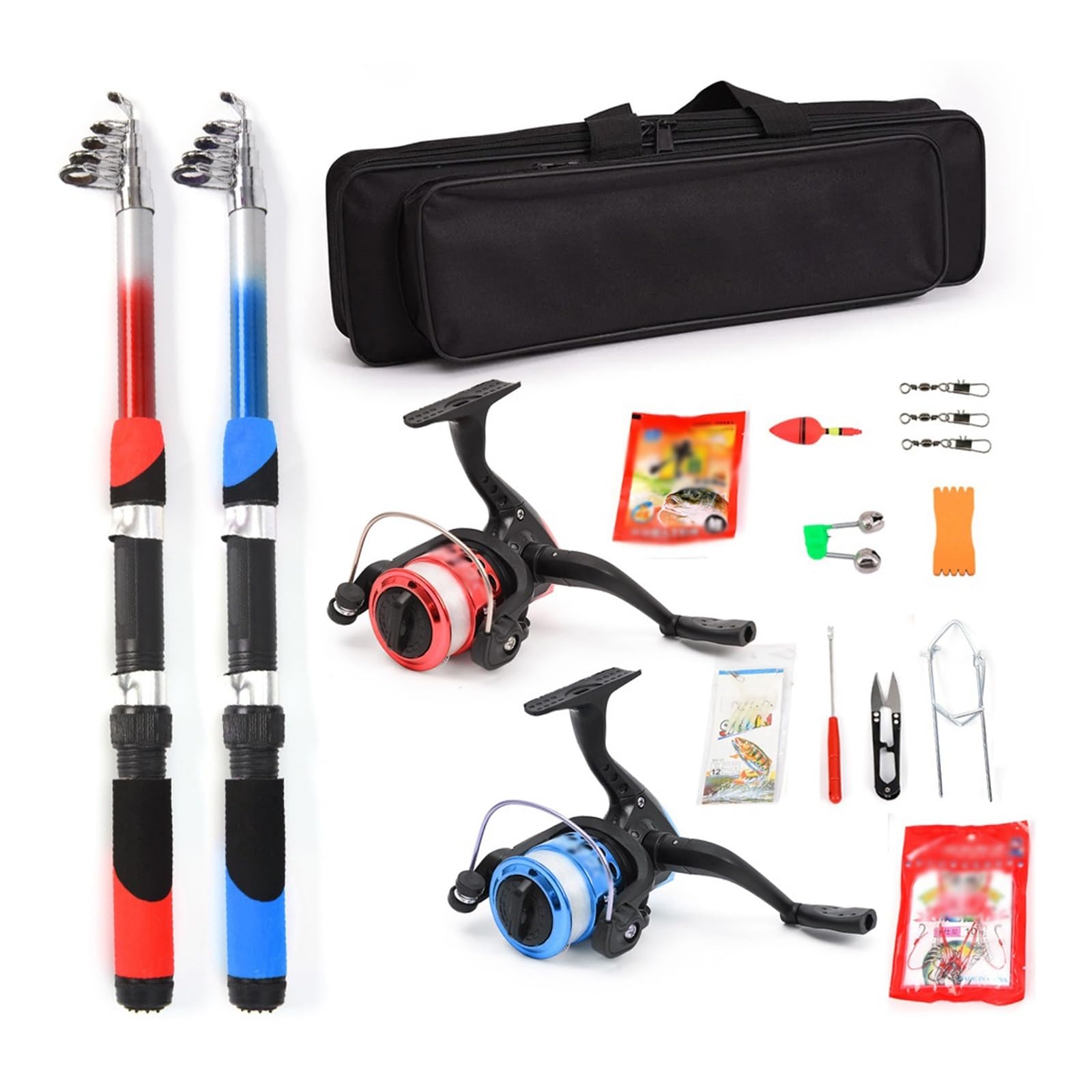 Caña de pescar Kit completo de caña de pescar Combo carrete con 2 uds. Cañas de pescar telescópicas de 2,1 m 2 uds. Carretes giratorios Señuelos de pesca accesorios de anzuelo para la pesca en el mar,