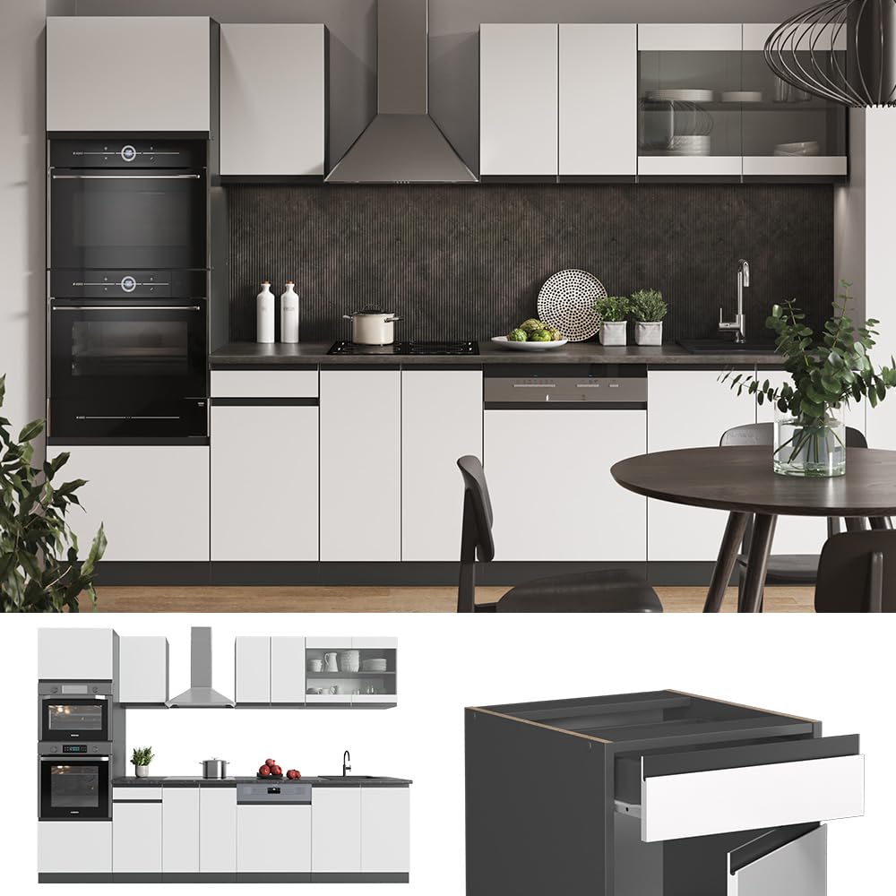 Vicco Mueble de Cocina R-Line, Blanco, 300 cm J-Shape con Armario Alto, ET Antracita, Apto para combinación y ampliación Individual