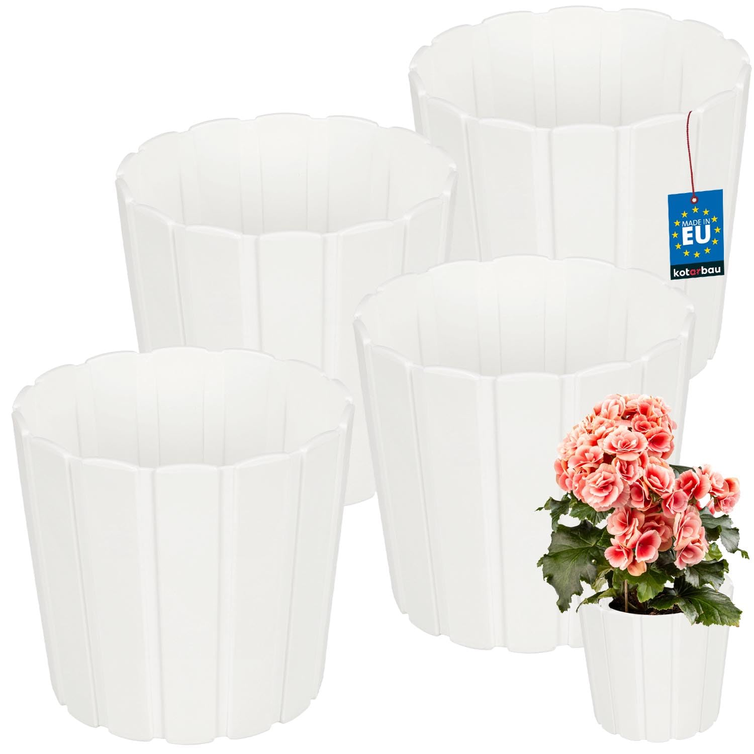 KOTARBAU Set of 4 Flower Pots - Planters - Diameter 17 cm Height 15 cm - White - Plastic - Plant Pot for Indoor Plants - Flower Pots - Large - Outdoor - Planter - Balcony - Decorative