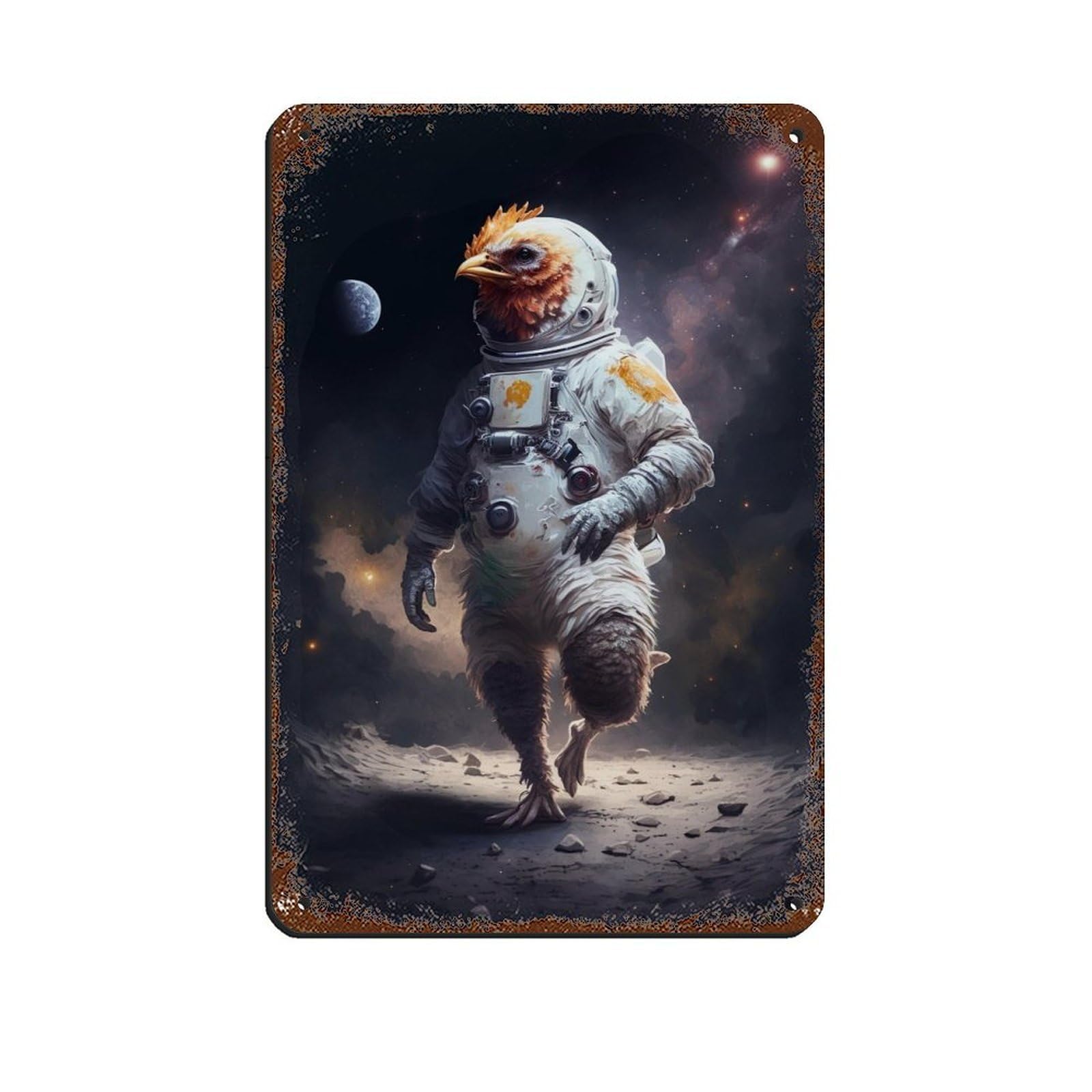 Lxwnze 20L X 30W Cm Astronaut Chicken, Funny Animals In Space Tin Sign Vintage Metal Pub Club Cafe Bar Home Wall Art Decoration Poster Retro 8X12inch(20X30cm)