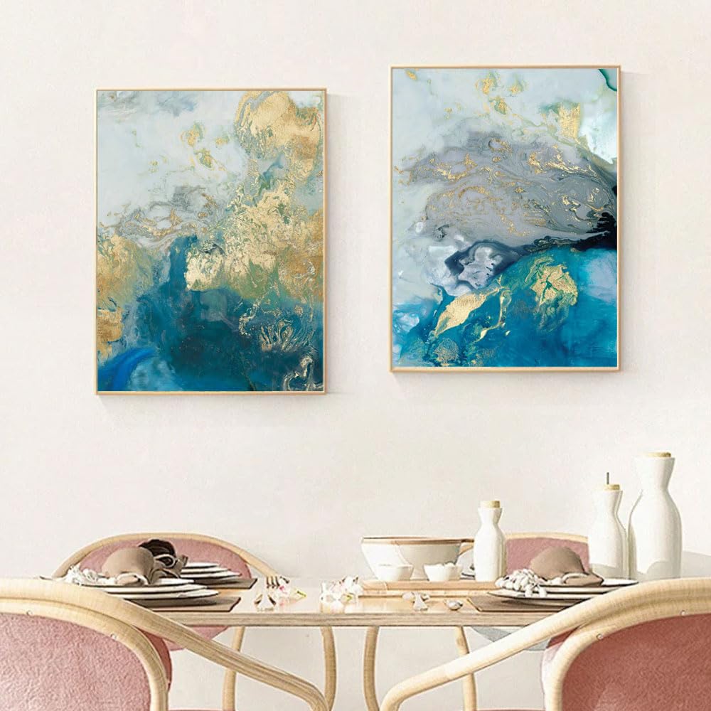 WBYZAC 2 Pieces-Canvas Print Painting Gold Leaf Blue Abstract Pattern Modern Simple Style Living Room Dining Room Office Porch Bedroom Table Decor-50 * 70cm (No Frame)