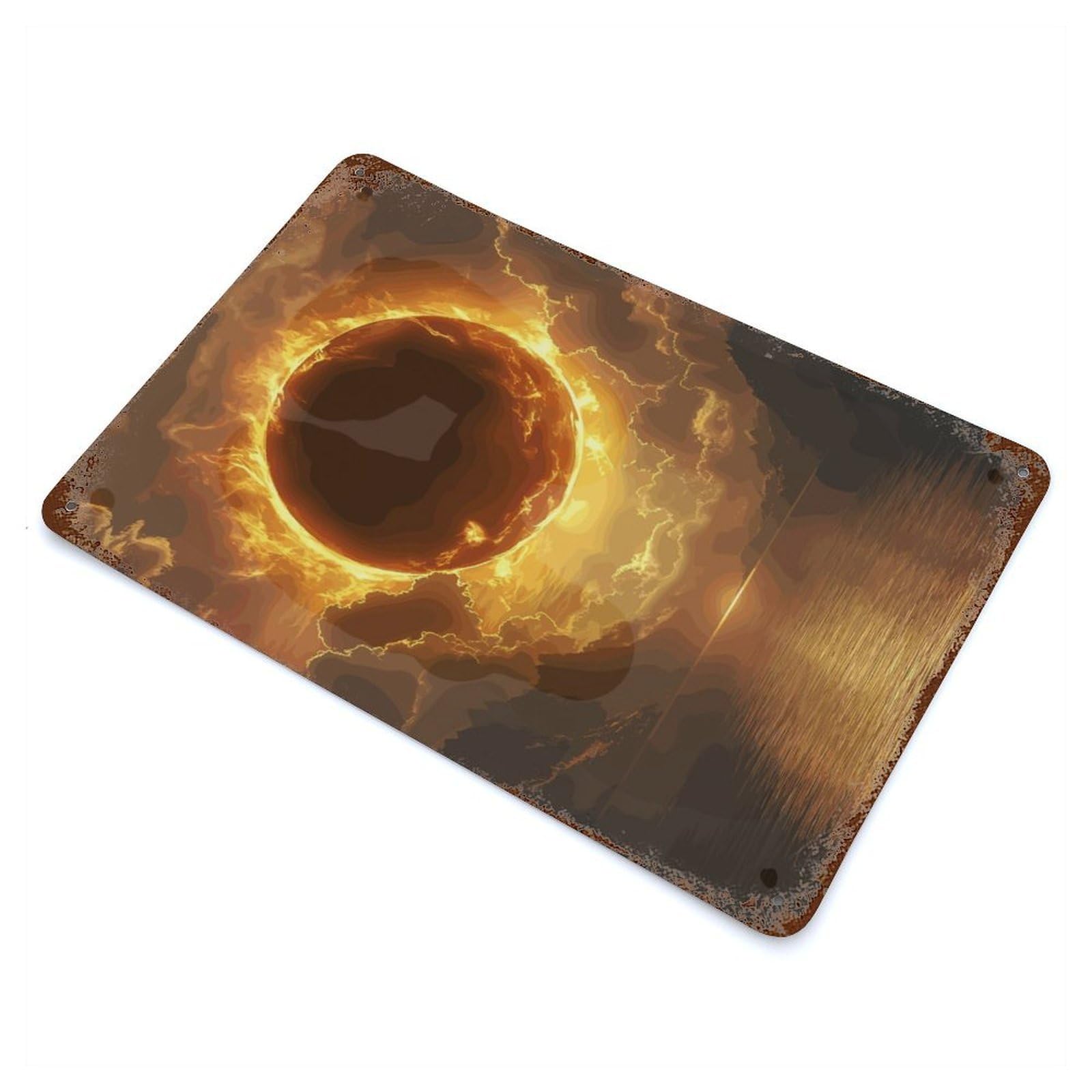 Aged Metal Wall Plaque with Planet Fire Design 11.8"x7.9", for Farmhouse, Kitchen And Entryway Decor, Old School Wall Decor