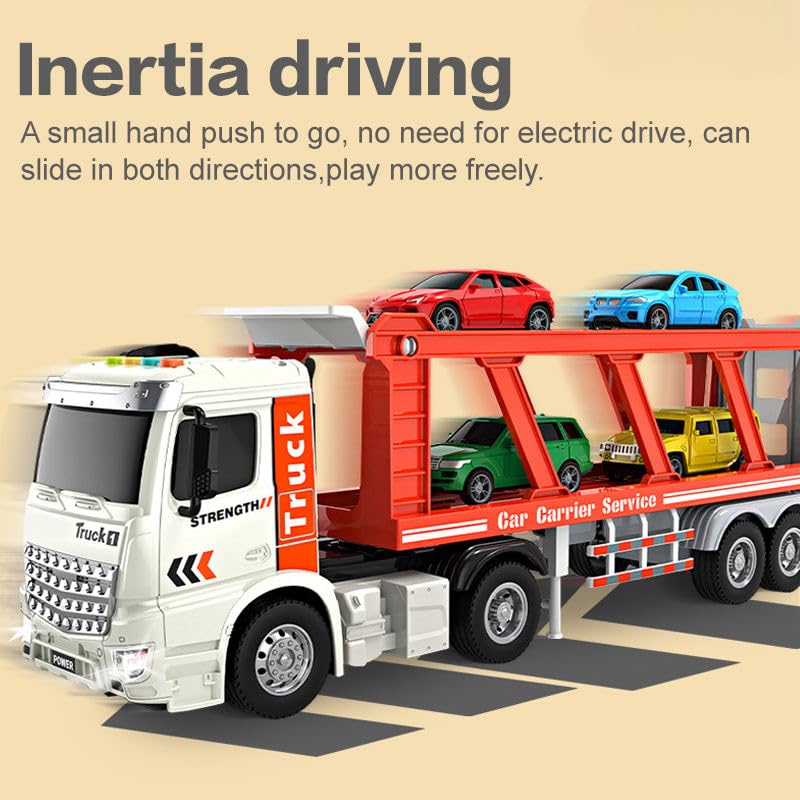 Image of RAMNATH Bilayer Car Transporter Truck Toy � Large Carrier Vehicle with 4 Die-Cast Cars, Friction Powered, Slide Ramp & Lights � Educational Push Truck Toy Gift for Kids Boys & Girls Ages 3+(I)