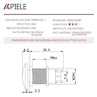 Vista 2 de APIELE Interruptor de botón de cabeza de hongo de 19 mm botón de presión momentáneo IP65 impermeable 12V 24V 36V CC 110V 250V CA 5A SPST