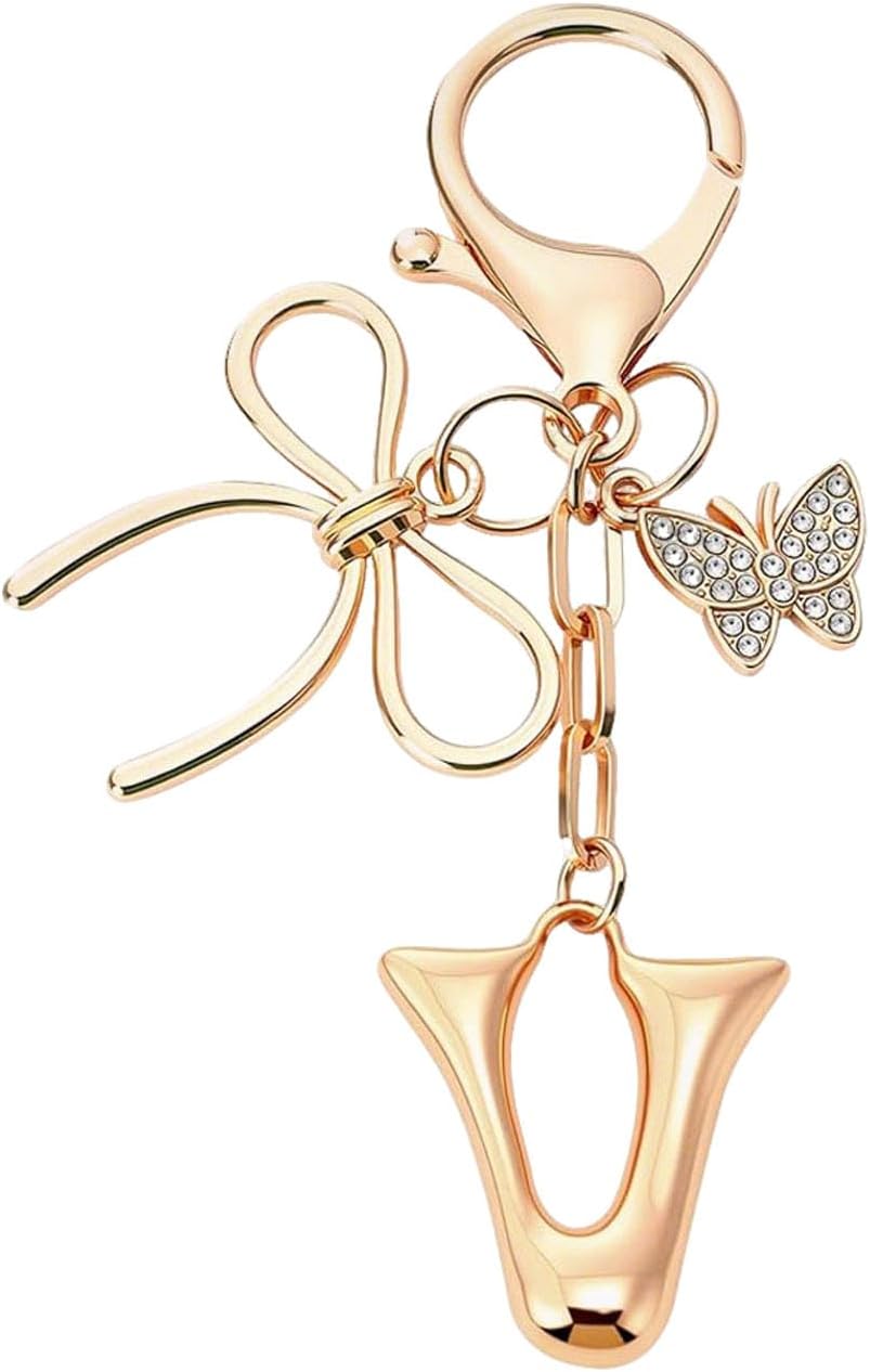 Initial Letter Keychain with Bow Butterfly Decoration Bag Charms for Women, Cute Purse Charm Handbag Accessories Gift
