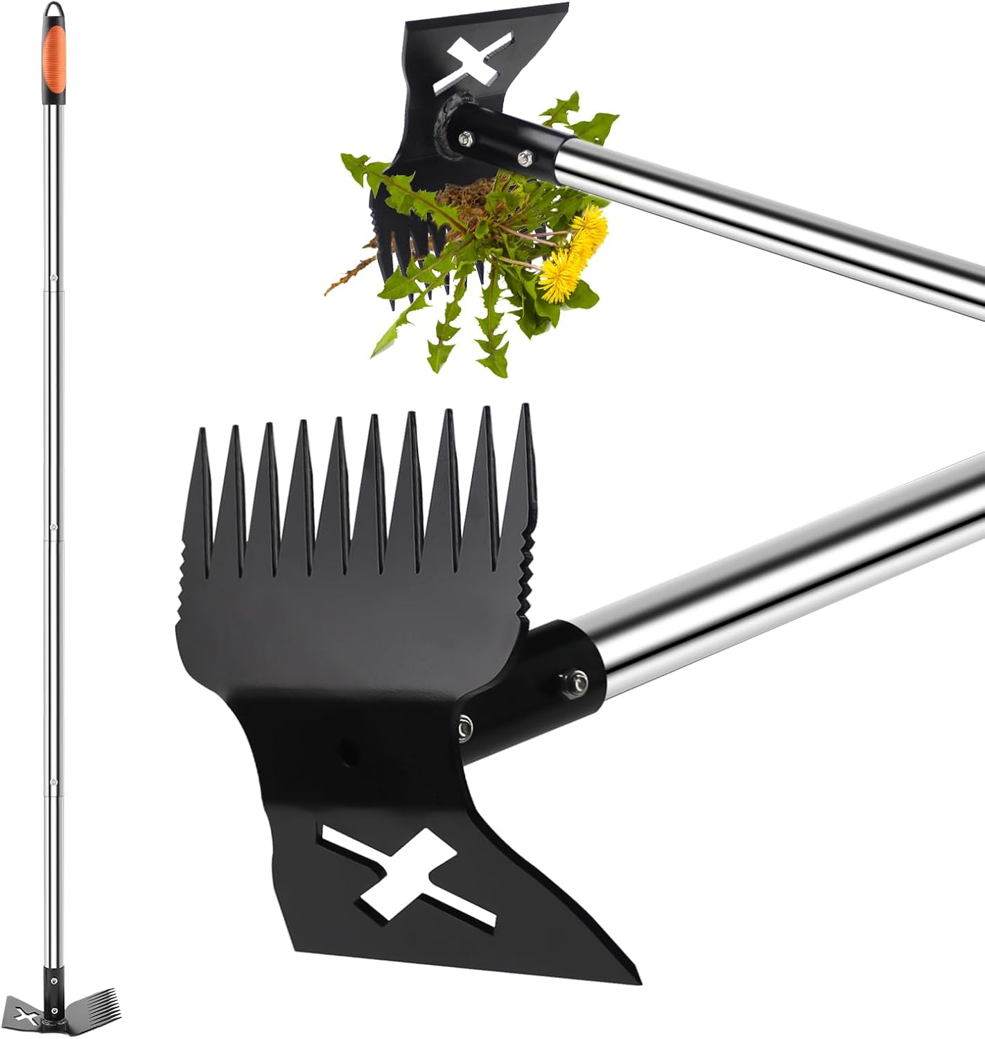 NICOFPHY Weed Puller Tool with Long Handle Pro, 2 in 1 Gardening Weeding Rake and Garden Hoe for Uprooting Grass Gardenia Dandelion, 57" Manual Weeder Weed Pulling Tool for Garden, Yard and Lawn