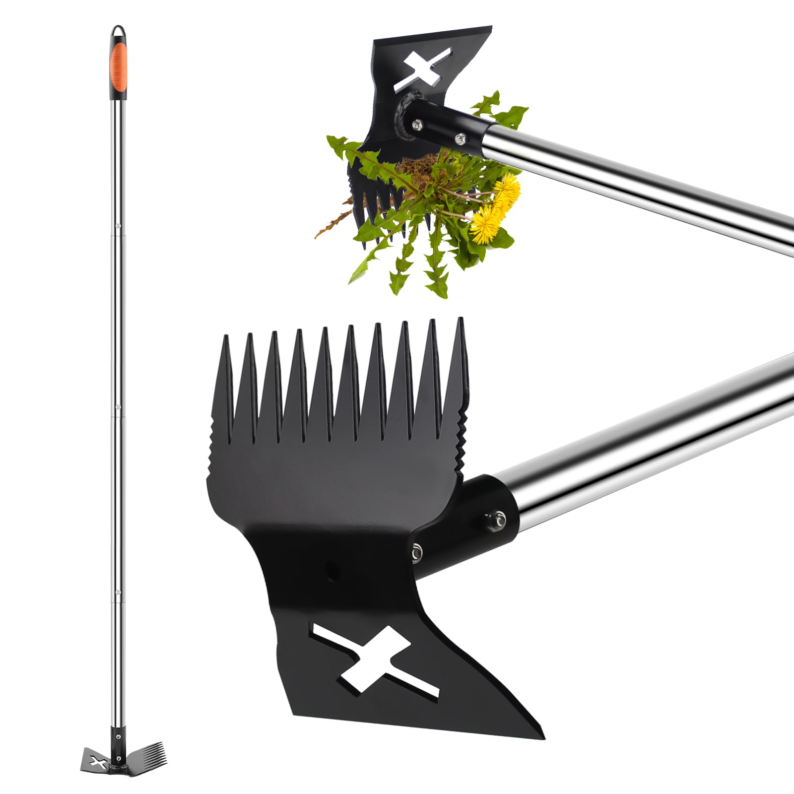 NICOFPHY Weed Puller Tool with Long Handle Pro, 2 in 1 Gardening Weeding Rake and Garden Hoe for Uprooting Grass Gardenia Dandelion, 57 Manual Weeder Weed Pulling Tool for Garden, Yard and Lawn