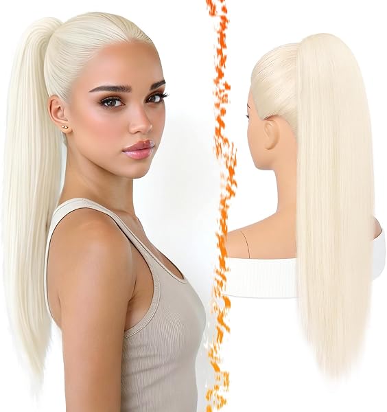 BARSDAR Hair Extension with Drawstring, 55 cm Long Straight Platinum Blonde Ponytail Hair Extensions Natural Synthetic Cheer Posh Ponytail Extension Hairpieces Cheer Competition Party - 1