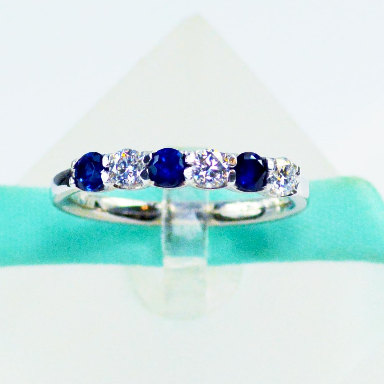 White Moissanite Diamond & Blue Sapphire Wedding Band, 925 Sterling Silver, Stacking Ring