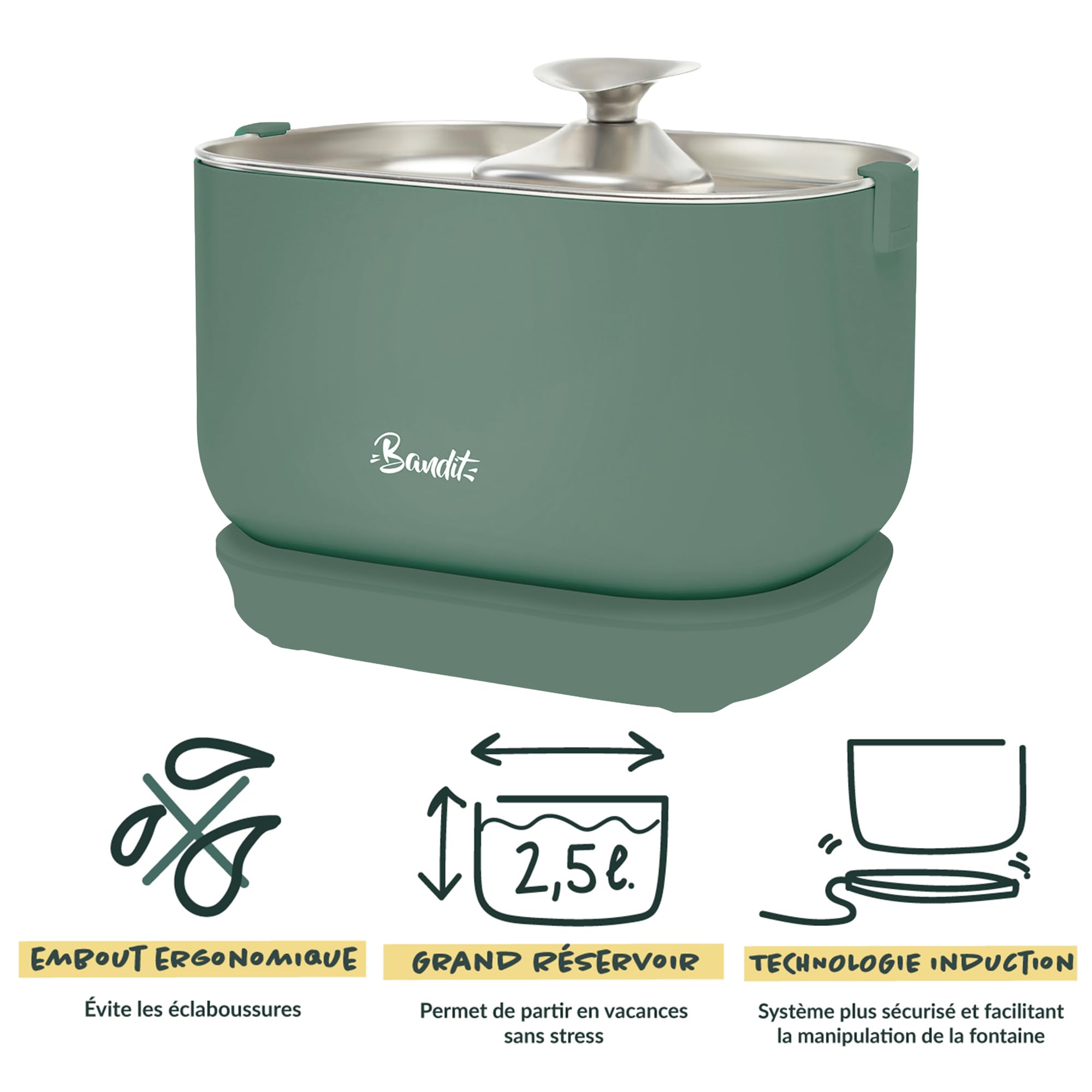 Bandit - Fontaine à Eau Filaire pour Chat 2,5L - Filtration 4 étapes - Ultra silencieuse inférieure 30dB - Acier Inoxydable - Plateau et Embout Compatibles Lave-Vaisselle - Vert