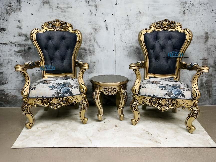 Wooden Hand Carved Bedroom Chairs Set in Teak Wood Along with Stool in Antique Gold Finish.