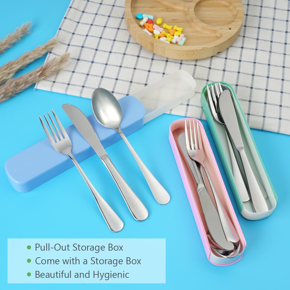 HOTUT camping bestek set, 3 stuks Herbruikbare Gebruiksvoorwerpen Set, draagbare roestvrijstalen bestek met plastic Doos, draagbaar keukengerei voor buitenreizen Picknickkantoor Schoollunchbox - geel