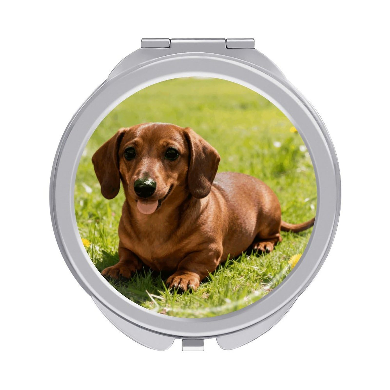 LZQPOEAS Cute Dachshund Compact Mirror, Double-Sided Folding Makeup Mirror, Durable Metal Travel Pocket Mirror for Purse, Portable Round Touch-Up Mirror for Table Gifts and Everyday Use