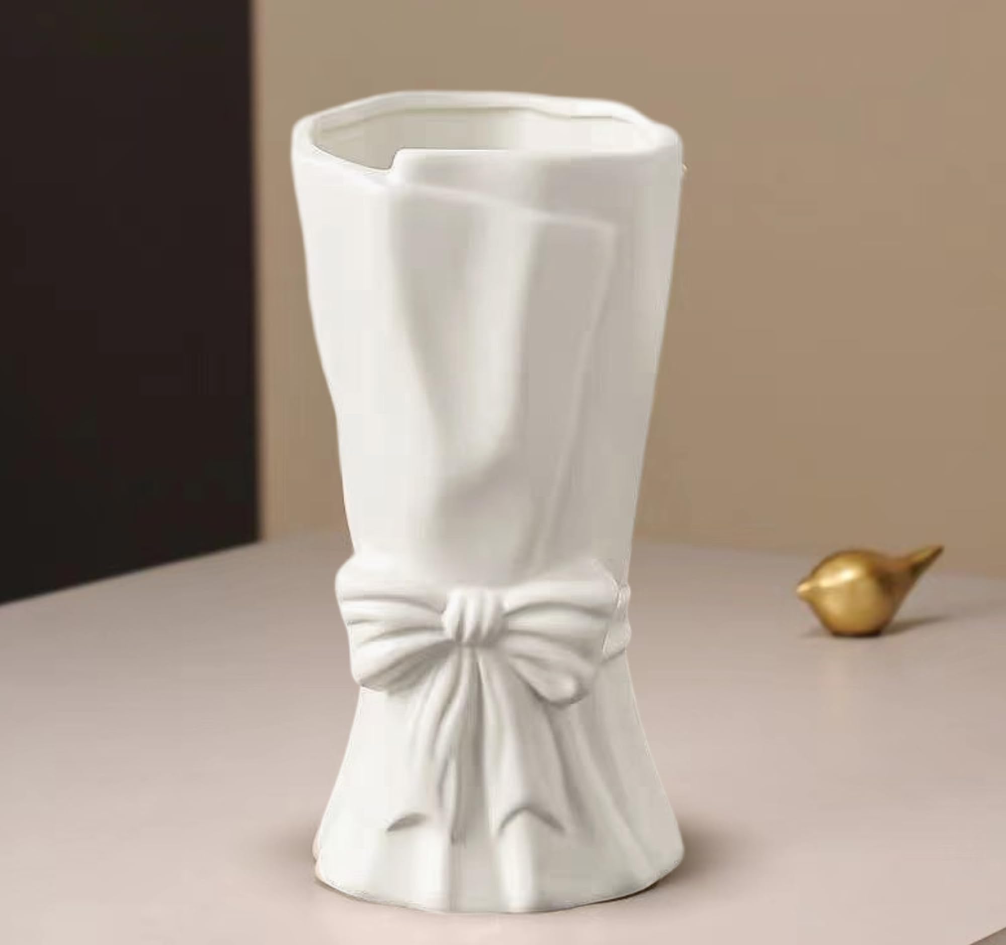 White Flower Vase for Home Decor, White Ceramic Vases for Boho Style, Bow Decor, 9.3 Inch Flower Vases for Bouquet, Large Vase for Ideal Shelf Decor/Table. (Large)