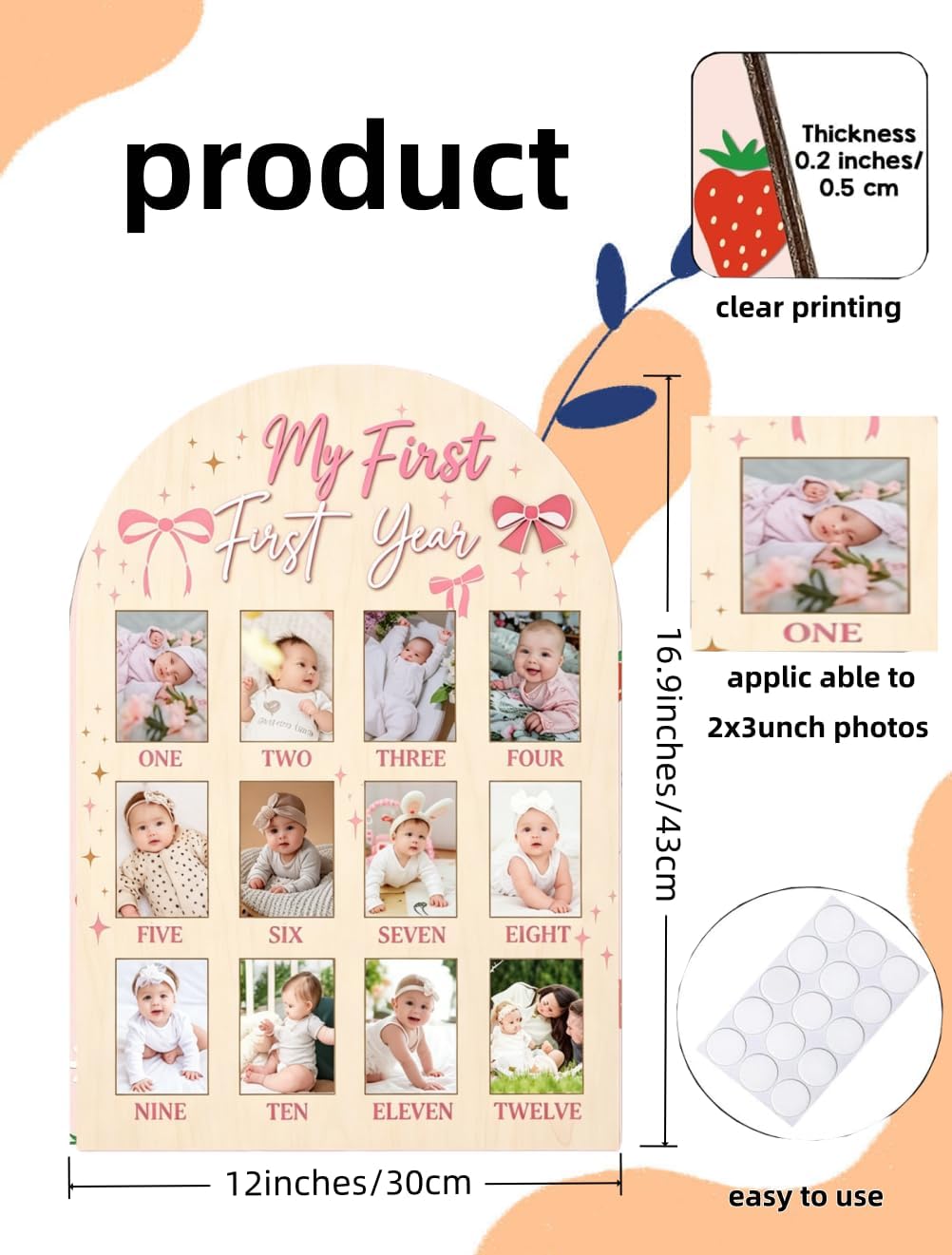 Pink Bow One Year Old Photo Board 12 Month Milestone Photo Frame image 2