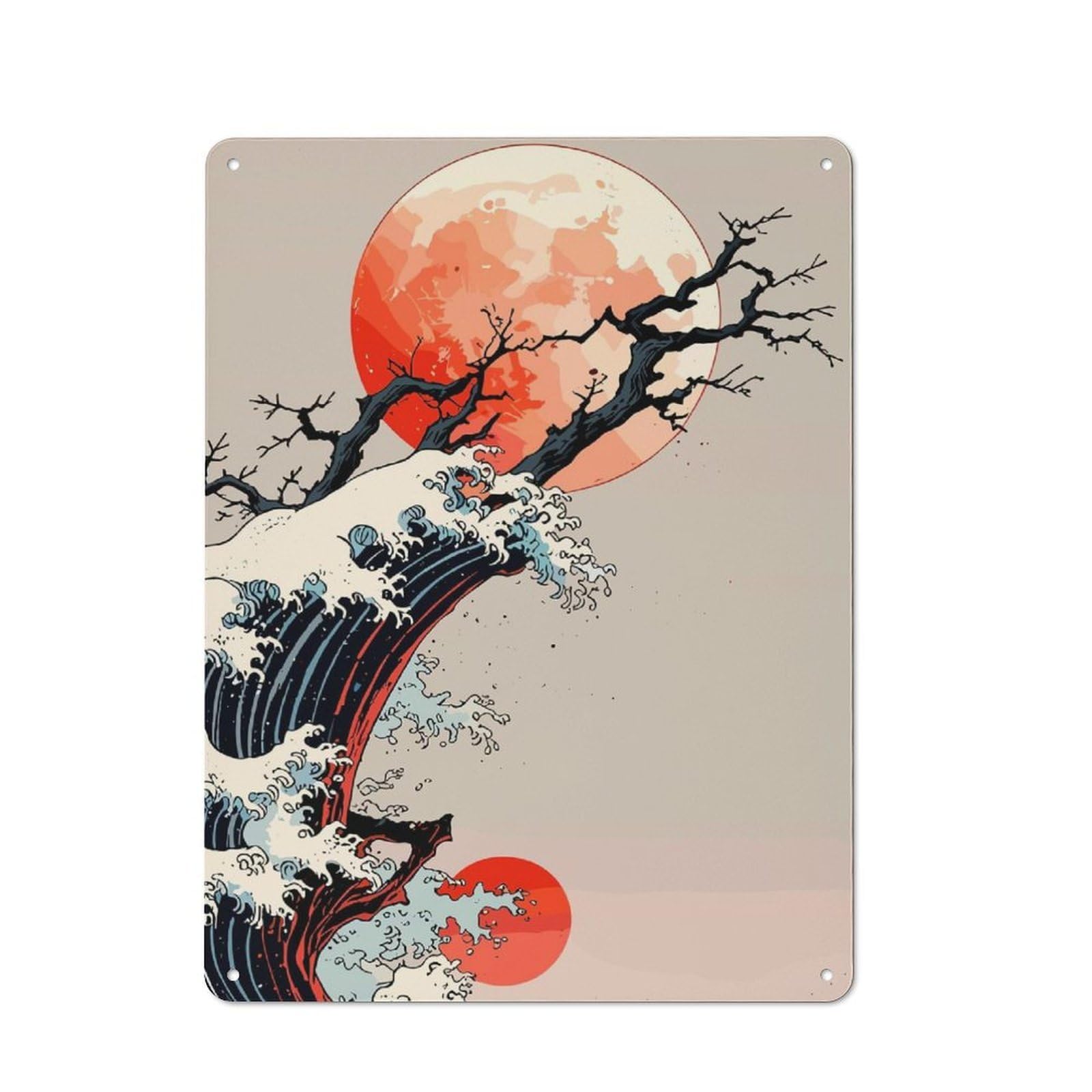 Junmoney Japanese Wave With Moon And Tree Vintage Metal Sign With Design 40X30cm, Vintage Bar Wall Plaque For Cafe, Pub, Workshop Or Home Bar
