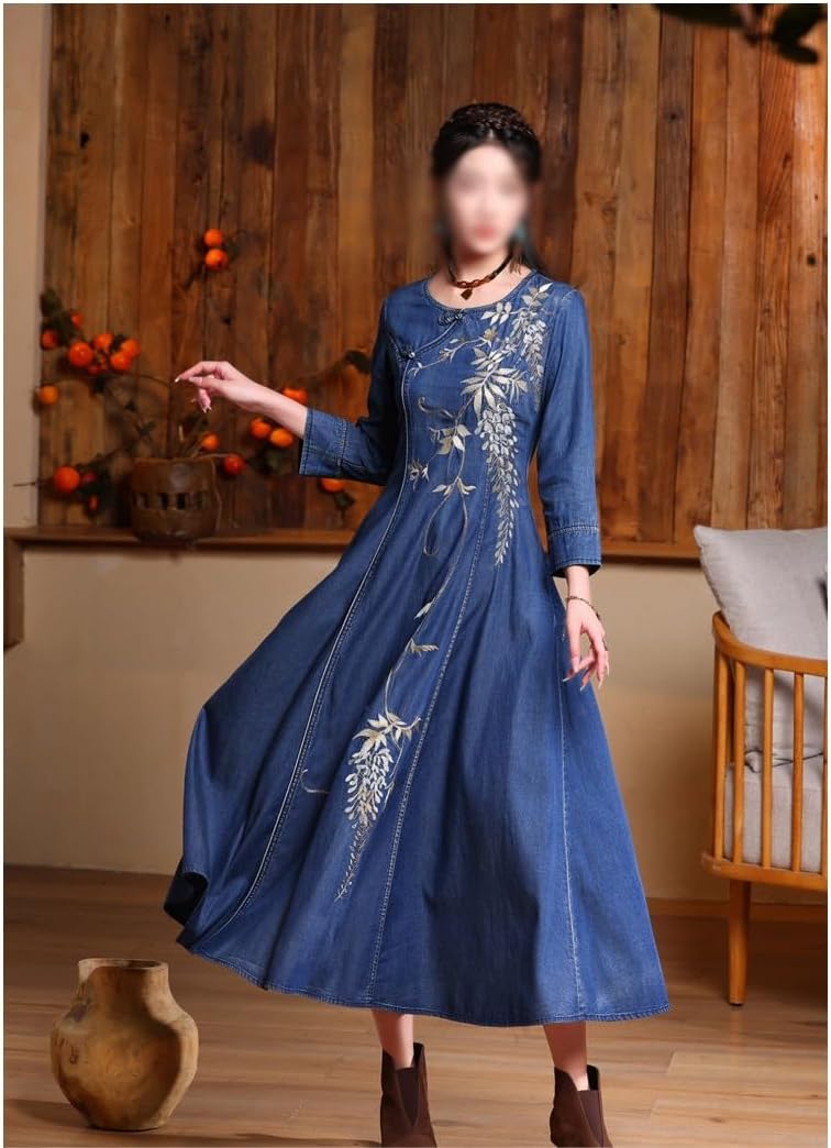 JSEIAJB Autumn and Winter New Ethnic Hand-Buttoned Oversized Dress Embroidered Denim Skirt