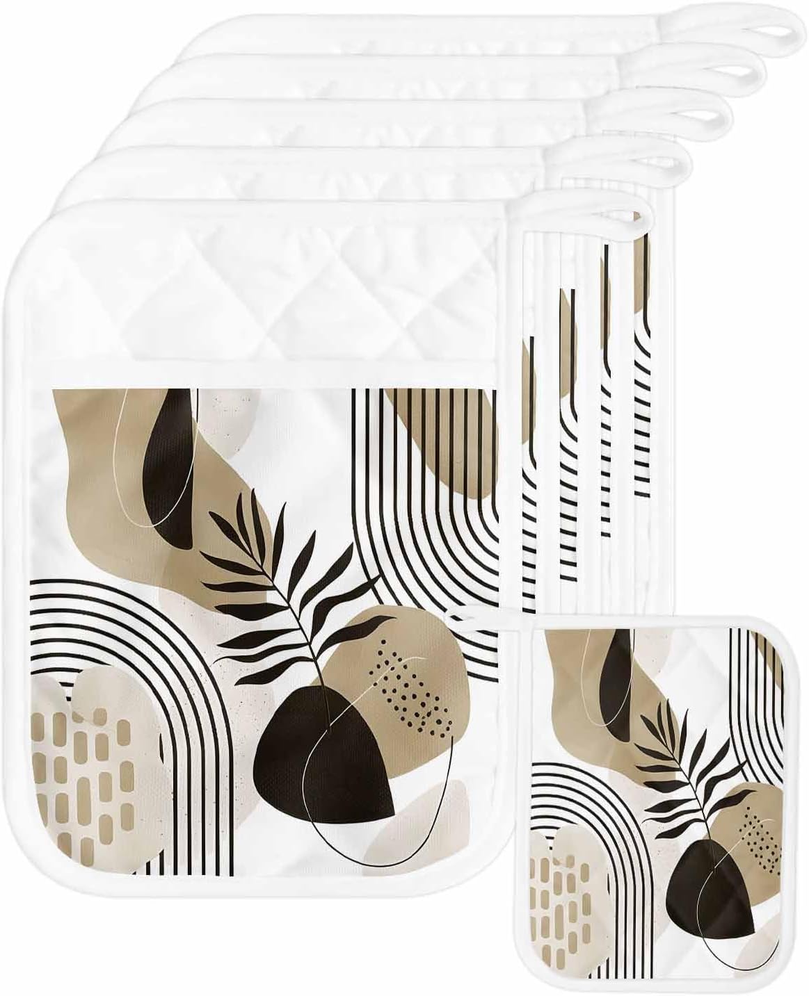 Pot Holders with Pockets, Heat-Resistant Hot Pads for Kitchen, Abstract Art Leaves Boho Style Khaki Oven Mitts Pot Holders Sets Potholders for Baking Cooking Pack of 5