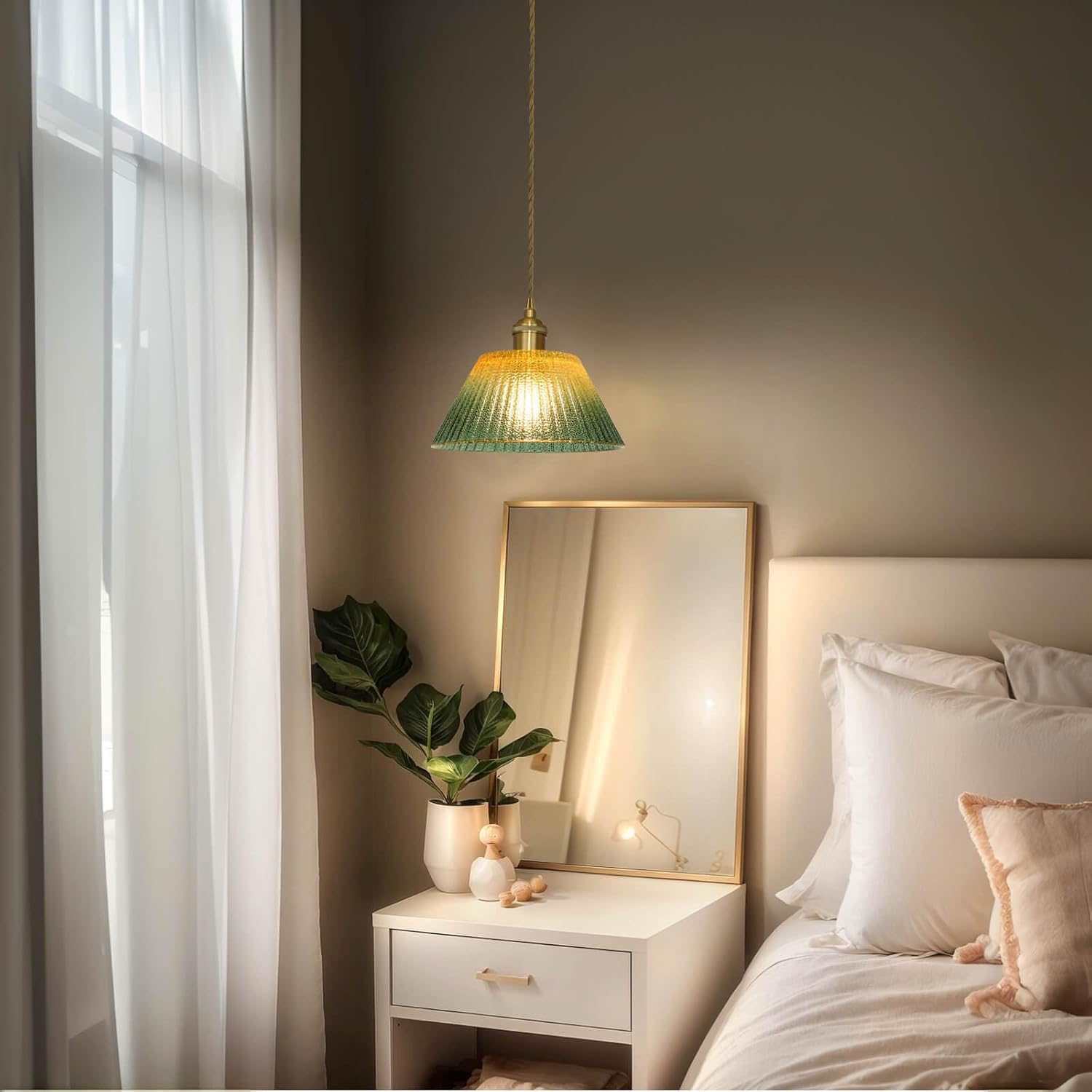 Glass Pendant Light Fixtures Adjustable Hanging Lamp, Gold Green Glass Pendant Lights Kitchen Island Dining Room Hallway Bedroom Living Room, LED Bulb Included