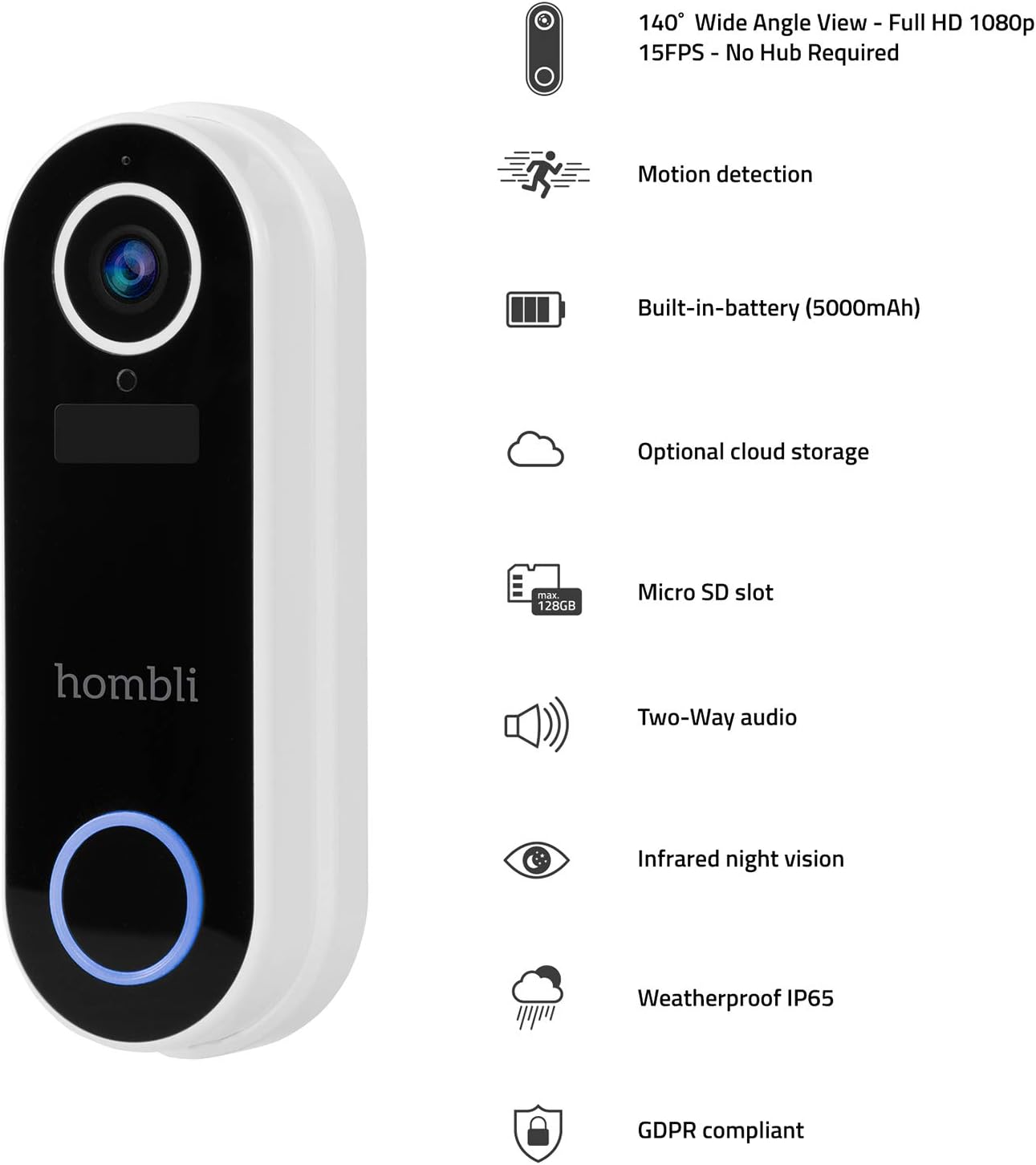 Hombli Smart Doorbell 2 mounted on a brick wall, side view