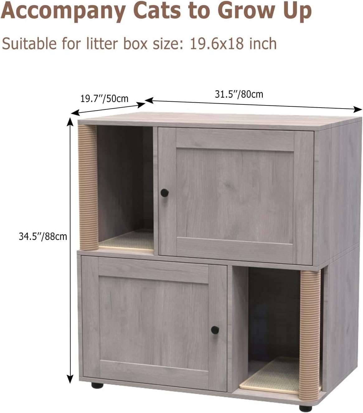 Garvee Cat Litter Box Enclosure for 2 Cats, Double Hidden Litter Box Furniture Cabinet with 2 Scratch Mat and Scratch Post, Modern Farmhouse Wooden Enclosed Cat Washroom, End Side Table