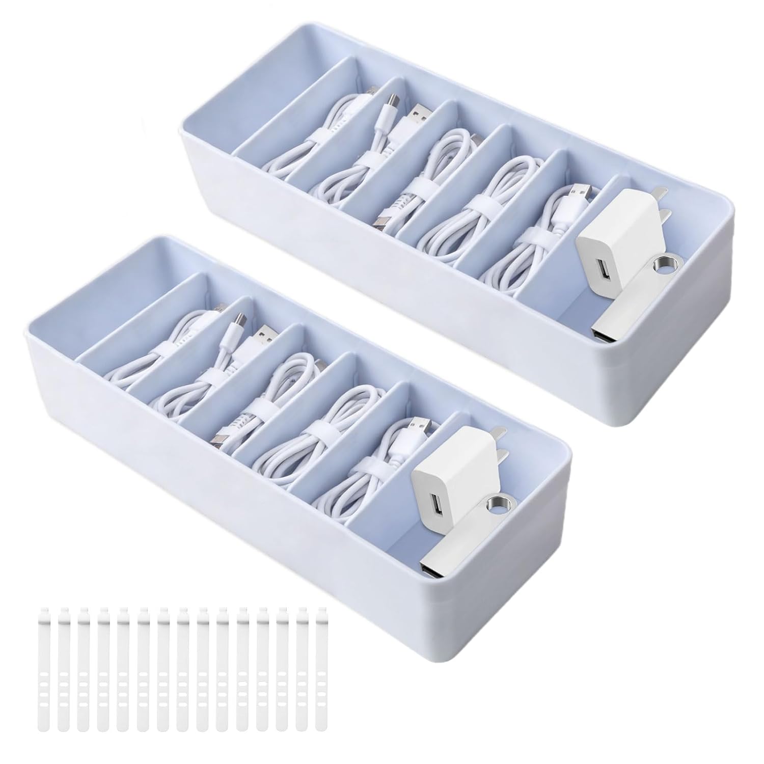 Pack of 2 Cable Organiser Box, Cable Box with Adjustable Dividers, Cable Storage Box with 15 Cable Ties for Charging Cable Accessories Storage (White)